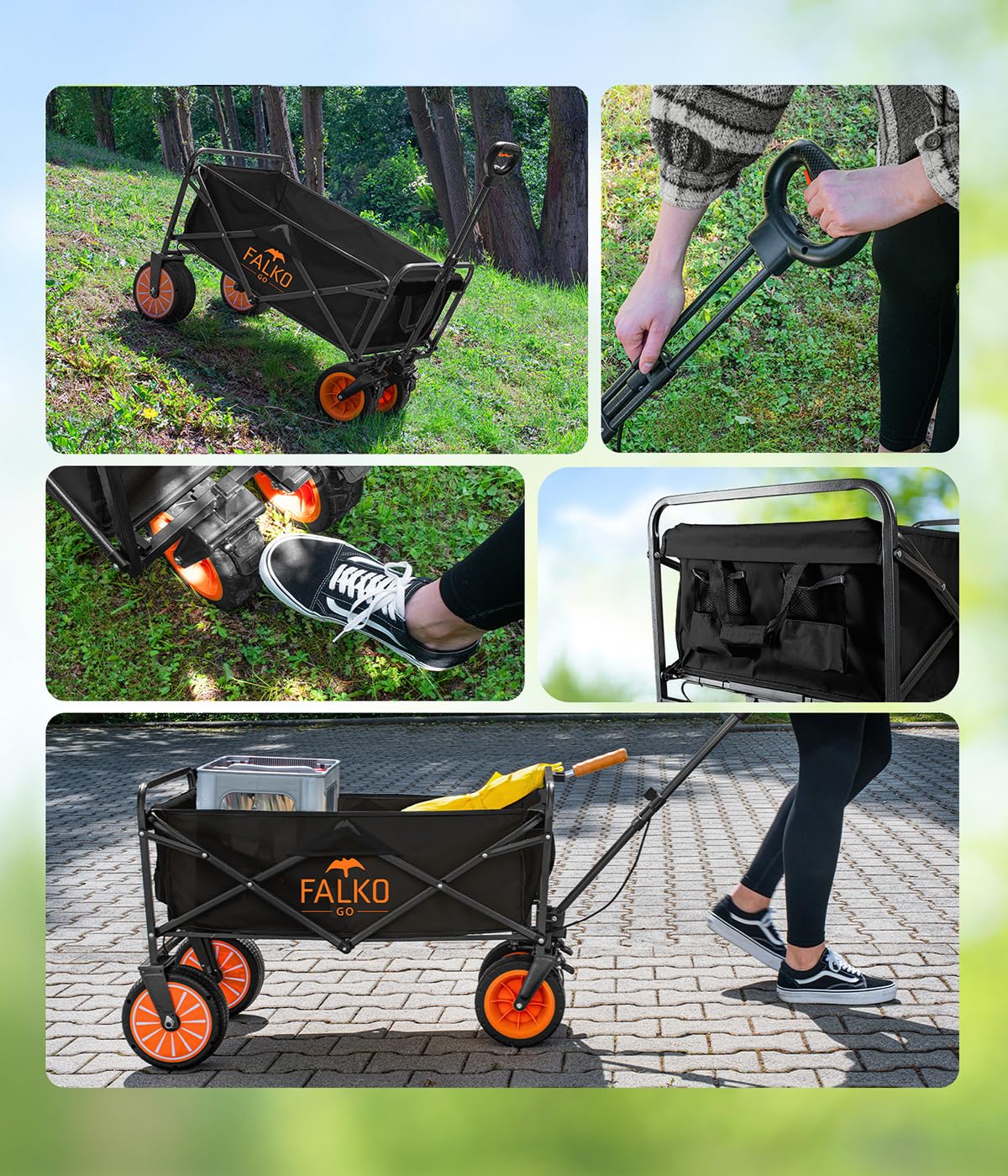 FALKO GO Carrello elettrico pieghevole, pneumatici larghi su tutte le superfici, carrello a mano con motore, carrello da giardino, da spiaggia per escursioni e campeggio, pieghevole