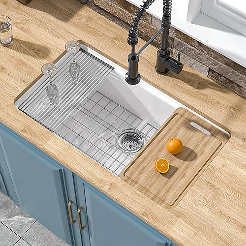 White Undermount Workstation Kitchen Sink 33 x 19 Inch, White Kitchen Sink Drop In, Dual Mount Large Fireclay Sink For Kitchen,with 4 Accessories Including Cutting Board
