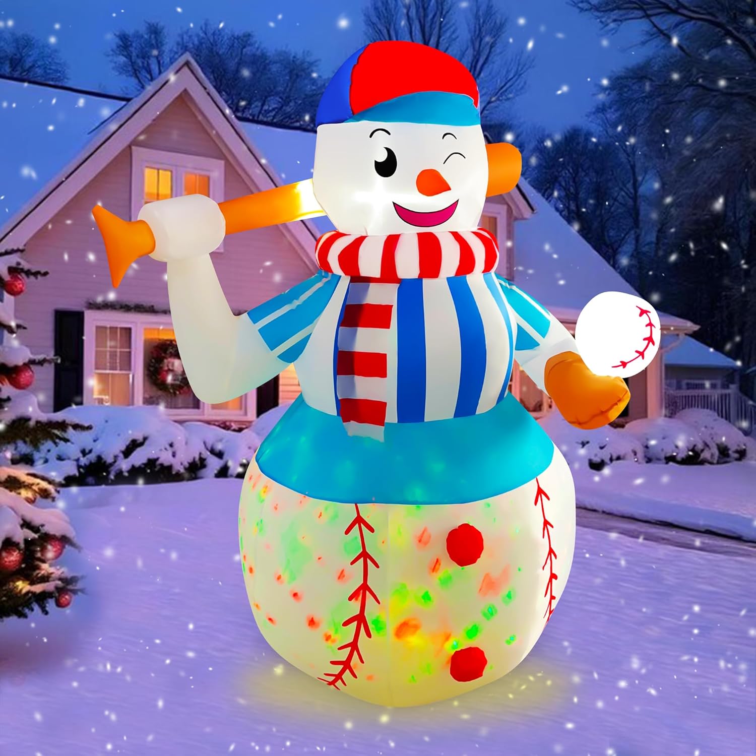 SEASONBLOW 6 FT LED Light Up Inflatable Christmas Baseball Snowman Decoration for Yard Lawn Garden Home Party Indoor Outdoor