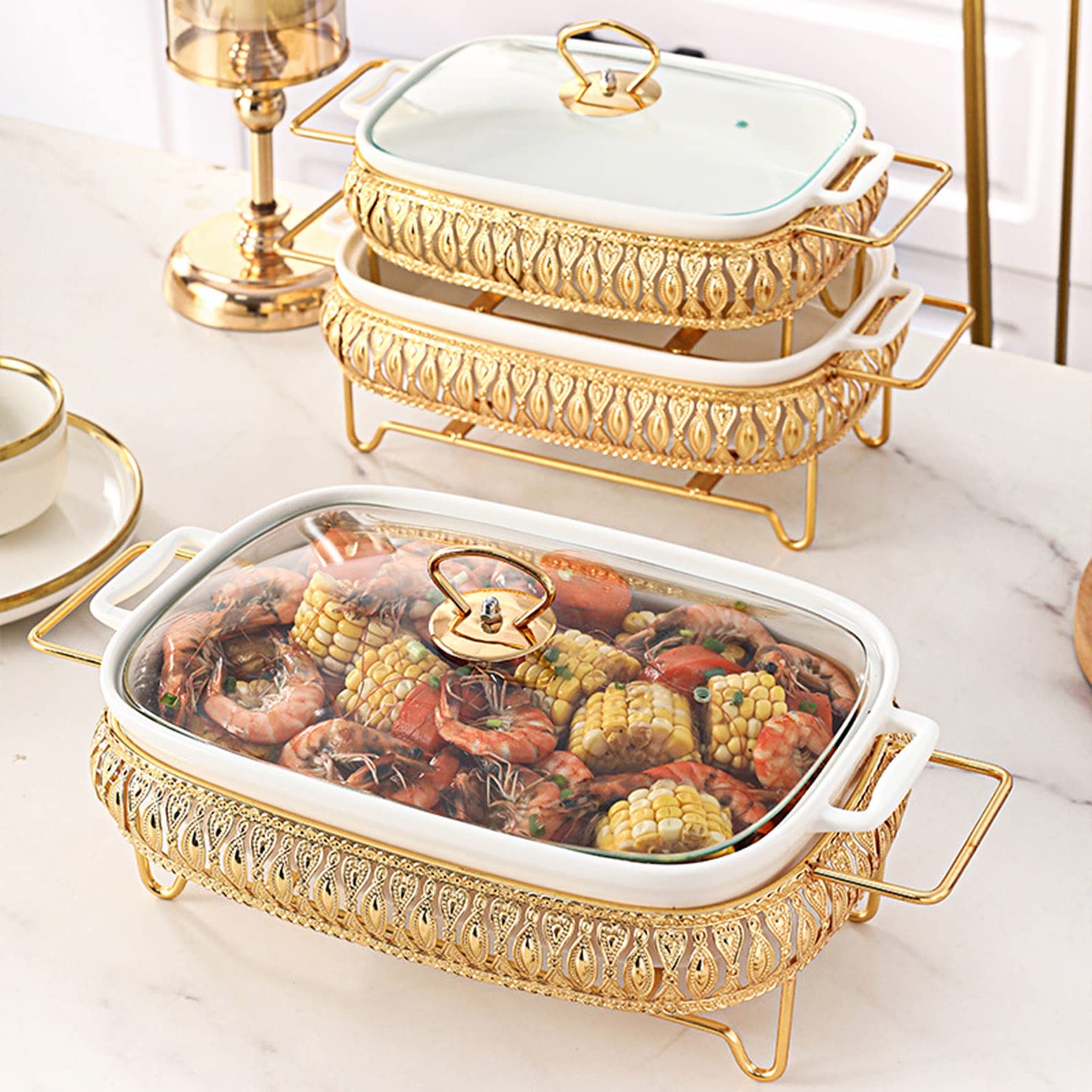 Olla de Calentamiento Aislamiento Calentador Alimentos Calientaplatos buffet bandejas de Cerámica Chafing Dish Servidor Termostato de temperatura,Bandeja Calientes Función Mantenimiento Calor