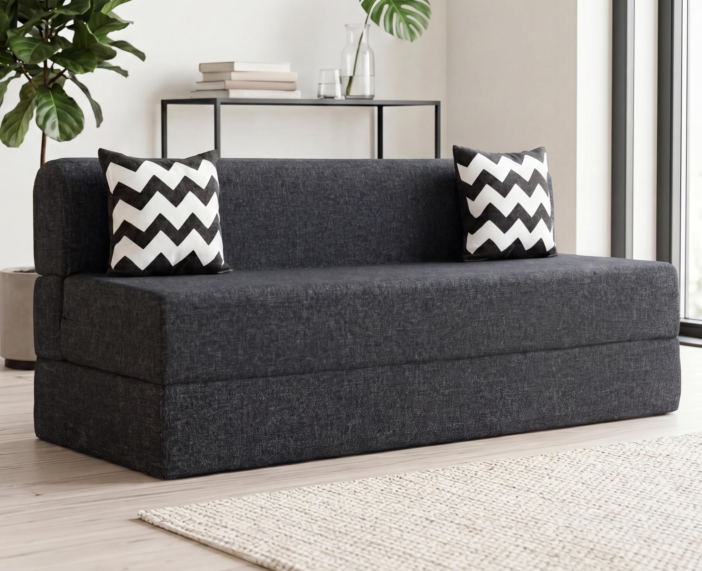 uberlyfe 3 Seater Sofa Cum Bed | Jute Fabric Washable Cover | 2 Cushions Zigzag Pattern | Dark Grey | 6' X 6' Feet