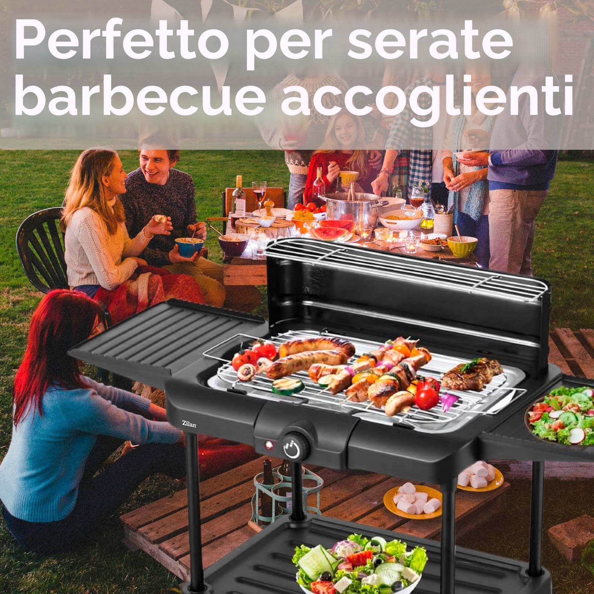 Barbecue elettrico 2 in 1, da pavimento e da tavolo, da 2400 Watt, per balconi, esterni e interni, con piedistallo, grande superficie per grigliare, regolatore della temperatura continuo