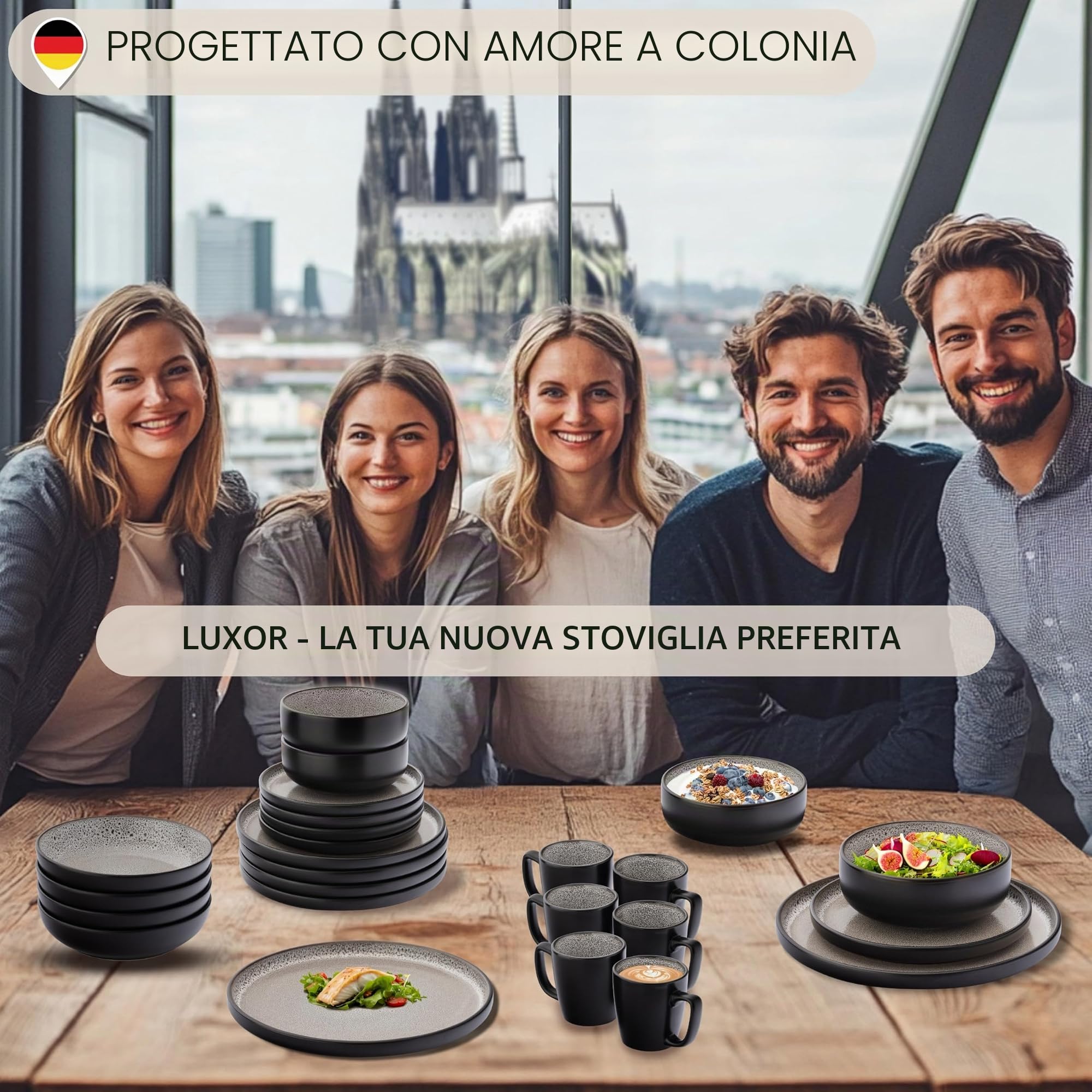 SÄNGER Luxor - Set di piatti in gres porcellanato, 18 pezzi, per 6 persone, 6 piatti piani, 6 ciotole per cereali, 6 piatti da dessert, stoviglie resistenti marrone e beige