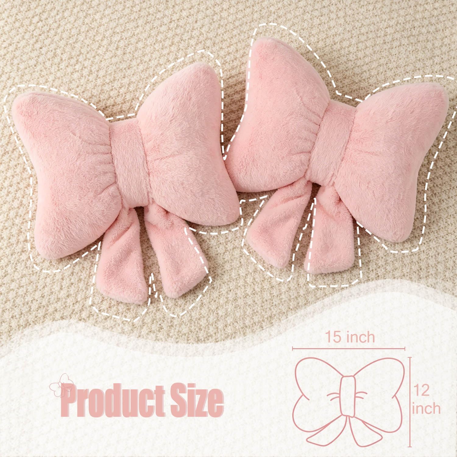 2PCS Pink Bow Throw Pillows Bow Shaped Decorative Pillows with Faux Rabbit Fur Soft Floor Seat Cushions for Couch Bed Sofa Aesthetic Home Room Living Room Decor 15in