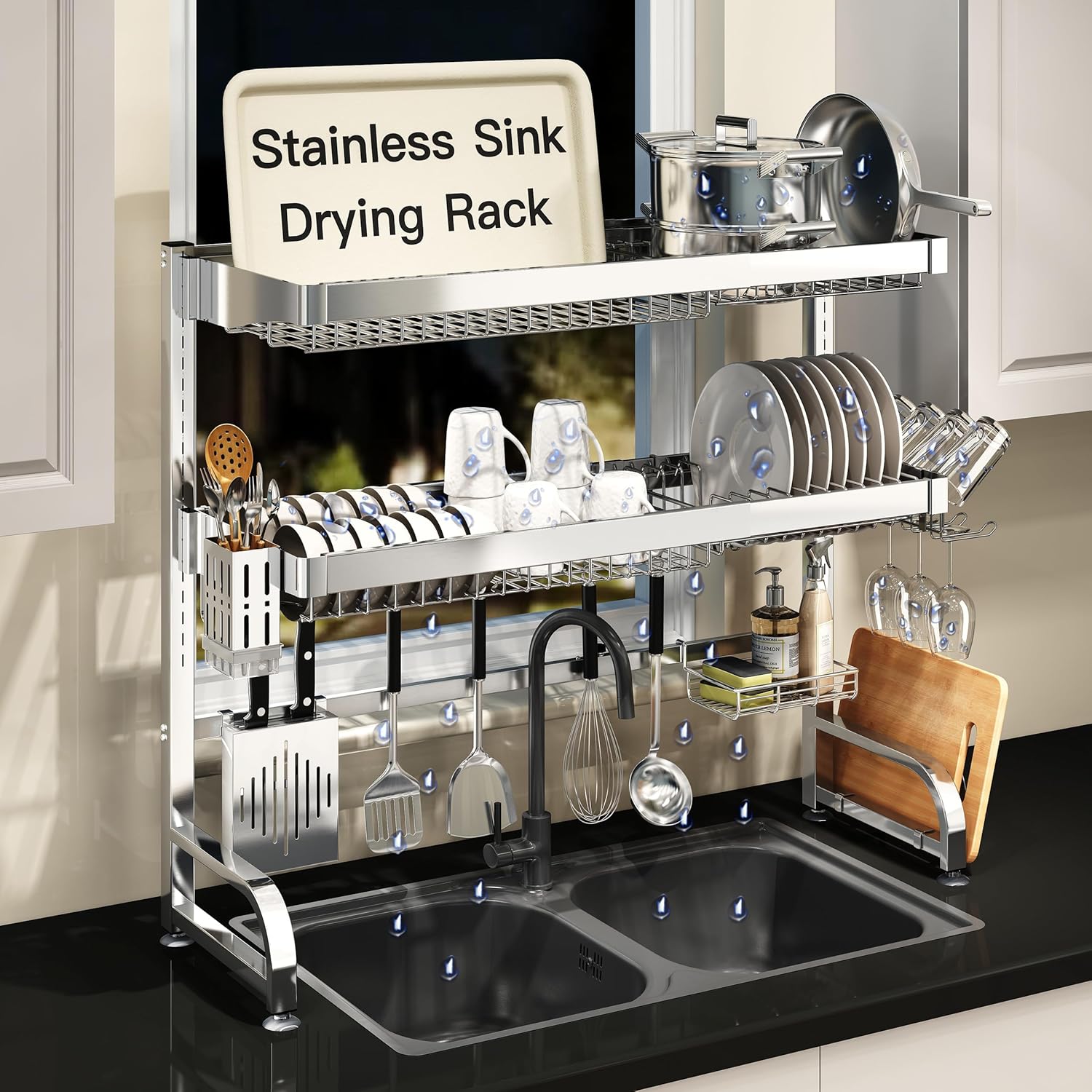 3 Tier Extra Large Stainless Steel Expandable Over The Sink Dish Drainer Drying Rack, Rust Proof Metal, Space Saving, Modern Silver Big Capacity Extendable Plate Strainers Above Kitchen Counter Silver Over Sink 3 Tier