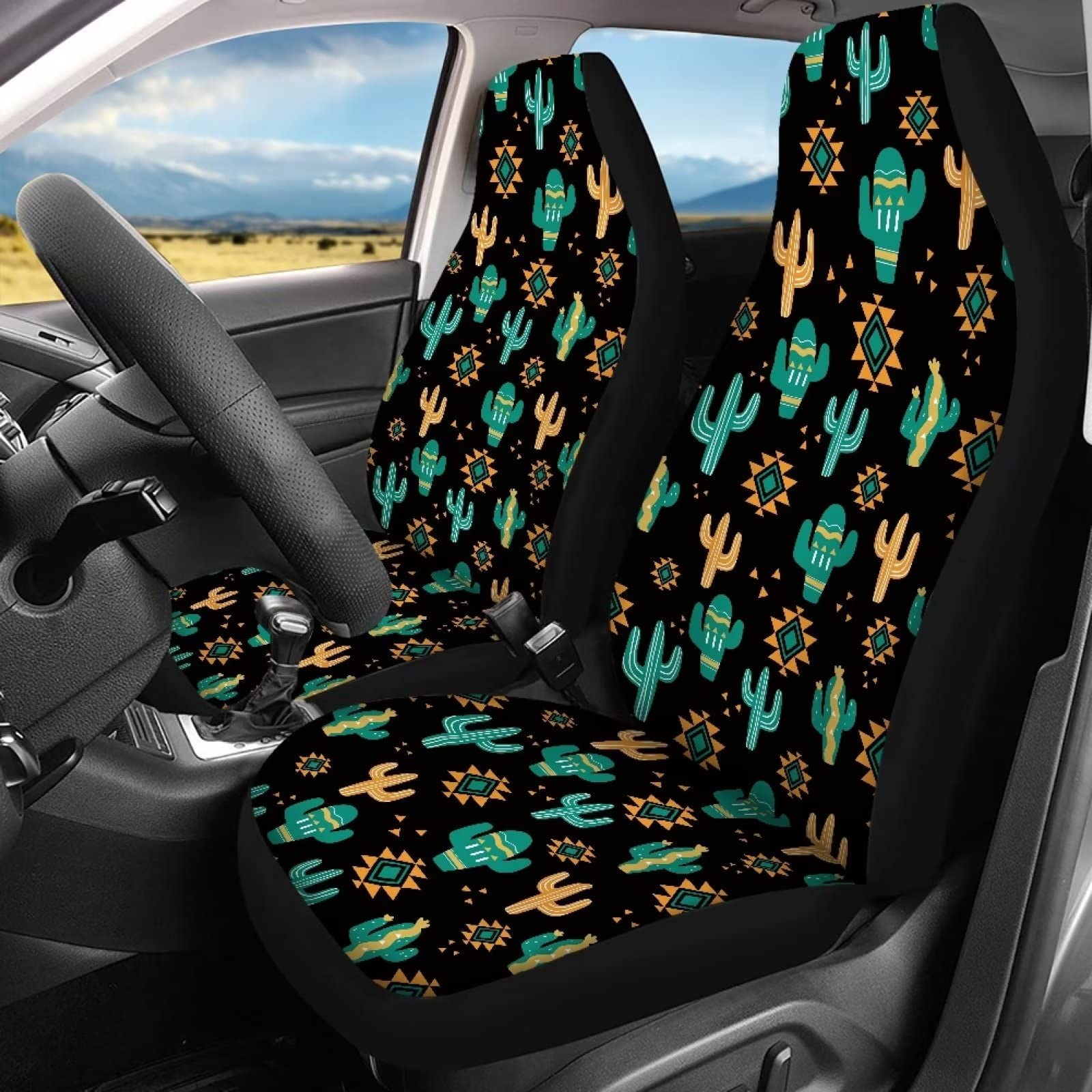 STUOARTE Aztec Southwest Cactus Car Seat Cover for Women Men, 4 Piece High Back Bucket Car Seat Covers Front and Rear Bench Seats Cover Universal Fit for SUV Sedan Van