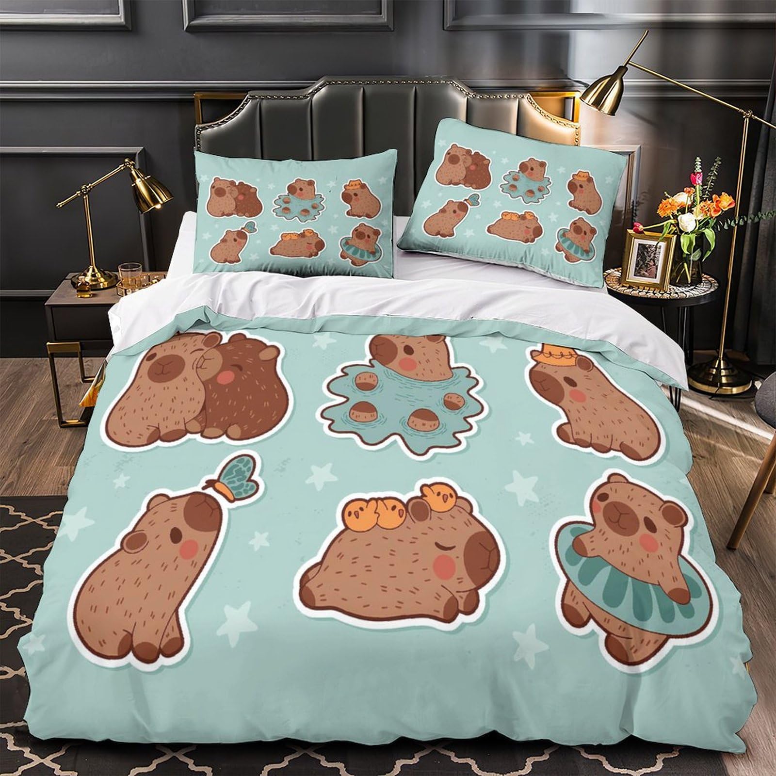 Parure de lit Capybara 140x200 avec housse de couette microfibre et taie design animal mignon pour ado