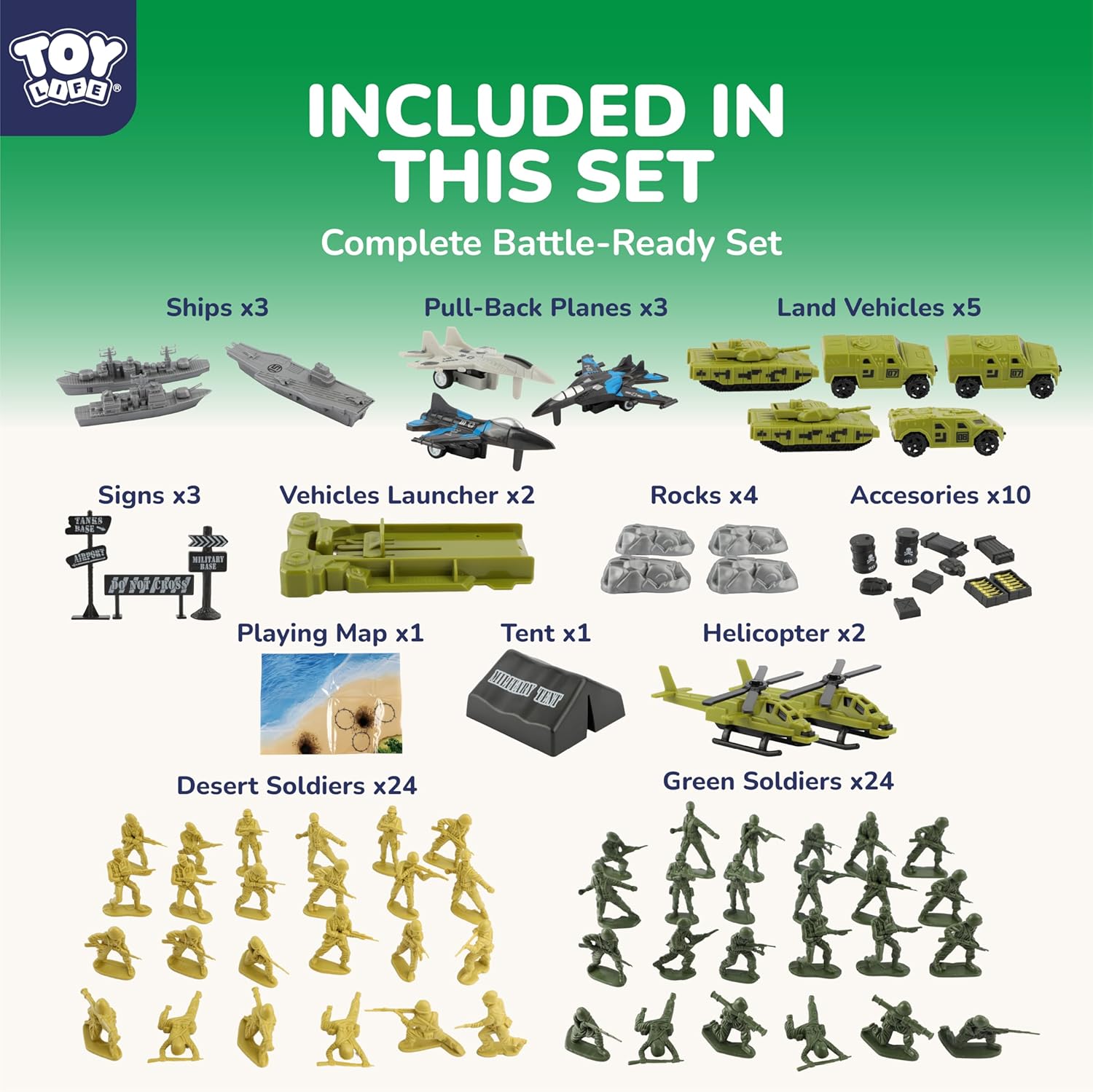 TOY Life Army Men Playset- Army Men Action Figures, Toy Soldiers for Boys, Plastic Green Army Men Playset with Vehicles/Tanks/Navy/Planes/Battle Mat Accessories- Kids Toys for Ages 4-12