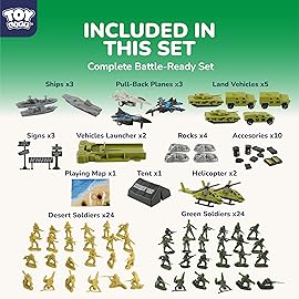 TOY Life Army Men Playset- Army Men Action Figures, Toy Soldiers for Boys, Plastic Green Army Men Playset with Vehicles/Tanks/Navy/Planes/Battle Mat Accessories- Kids Toys for Ages 4-12