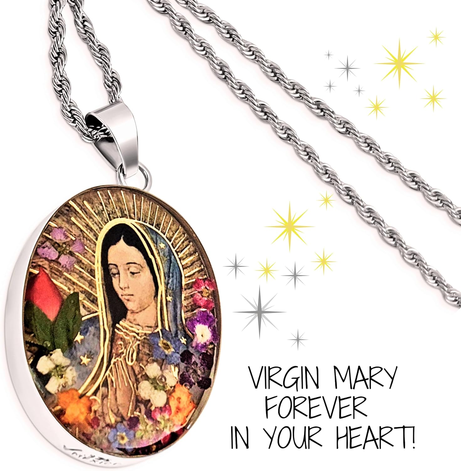 Virgin Mary Necklace Lady of Guadalupe Pendant 925 Sterling Silver with 20" Stainless Steel Chain Medalla Virgen Maria Miraculous Mary Medal Pressed Flower Catholic Religious Gift Jewelry -Handmade by - Image 6