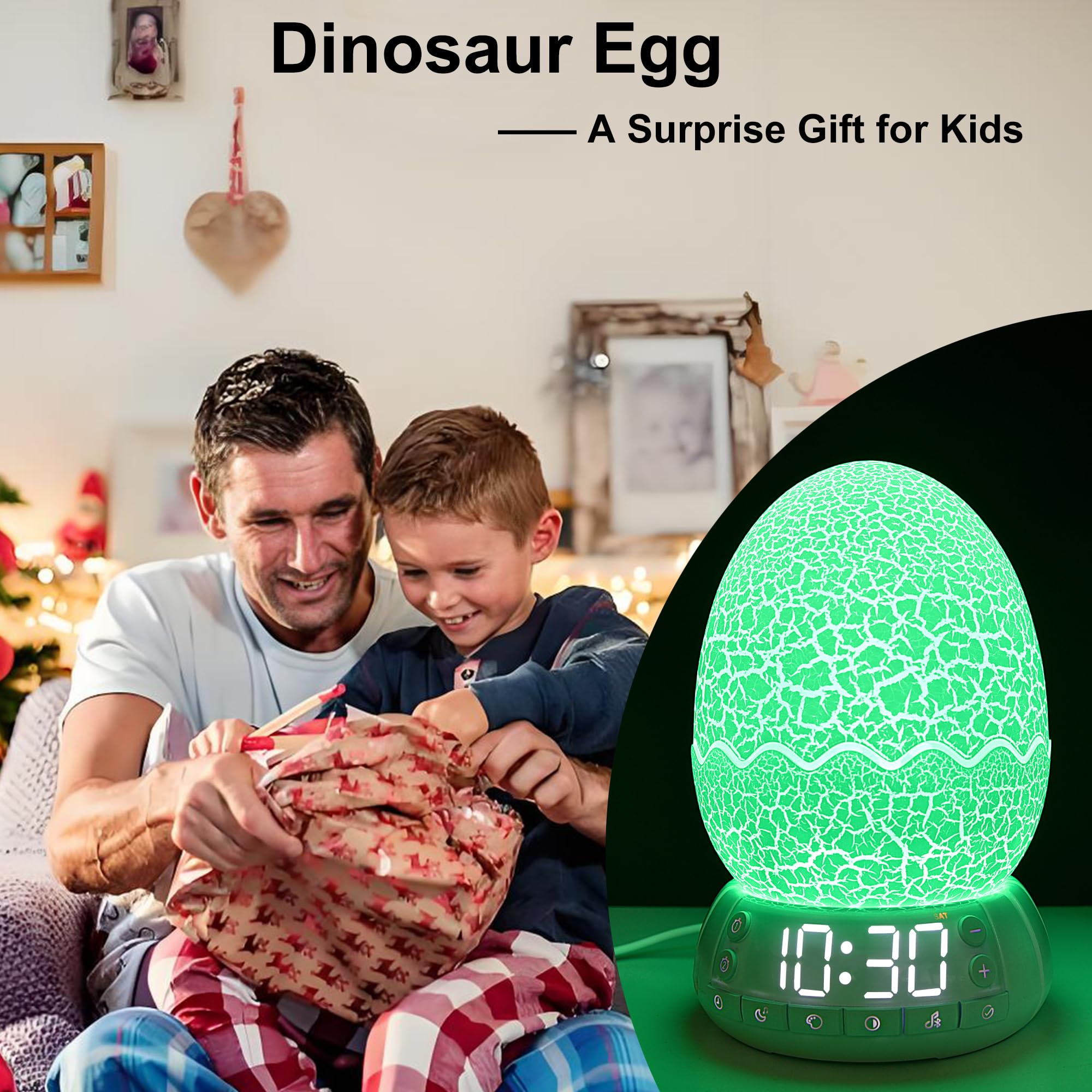 Niedlicher Dinosaurier-Ei-Wecker/Digitaluhr/Nachtlicht/Musik & weißes Rauschhilfe-Schlafmaschine/Bluetooth-Lautsprecher, Dekoration, ideale & einzigartige Lampe für Schlafzimmer/Wohnzimmer, Geschenke