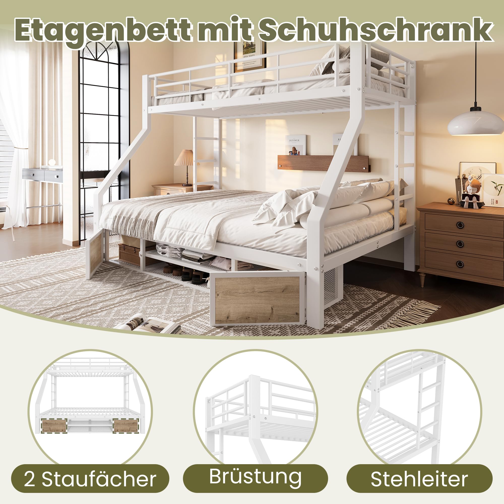 Soweiz Letto a castello 90 x 200 cm, 140 x 200 cm, culla con scarpiera, portaoggetti, ringhiere di sicurezza, scaletta, senza materasso (bianco)