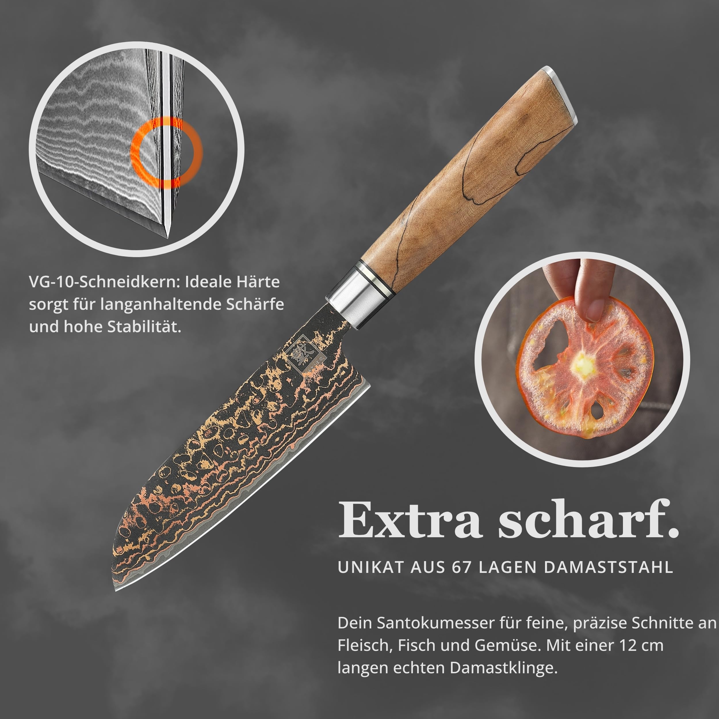 zayiko BlackMagma Damastmesser Santoku 12 cm, Damaststahl, Ahornholzgriff | 33 Lagen mit VG10 Stahlkern, Kupfer-Bronze-Einlage, dunkles Klingenfinish, 15° V-Schliff beidseitig, 60 ± 2 HRC, Geschenkbox.
