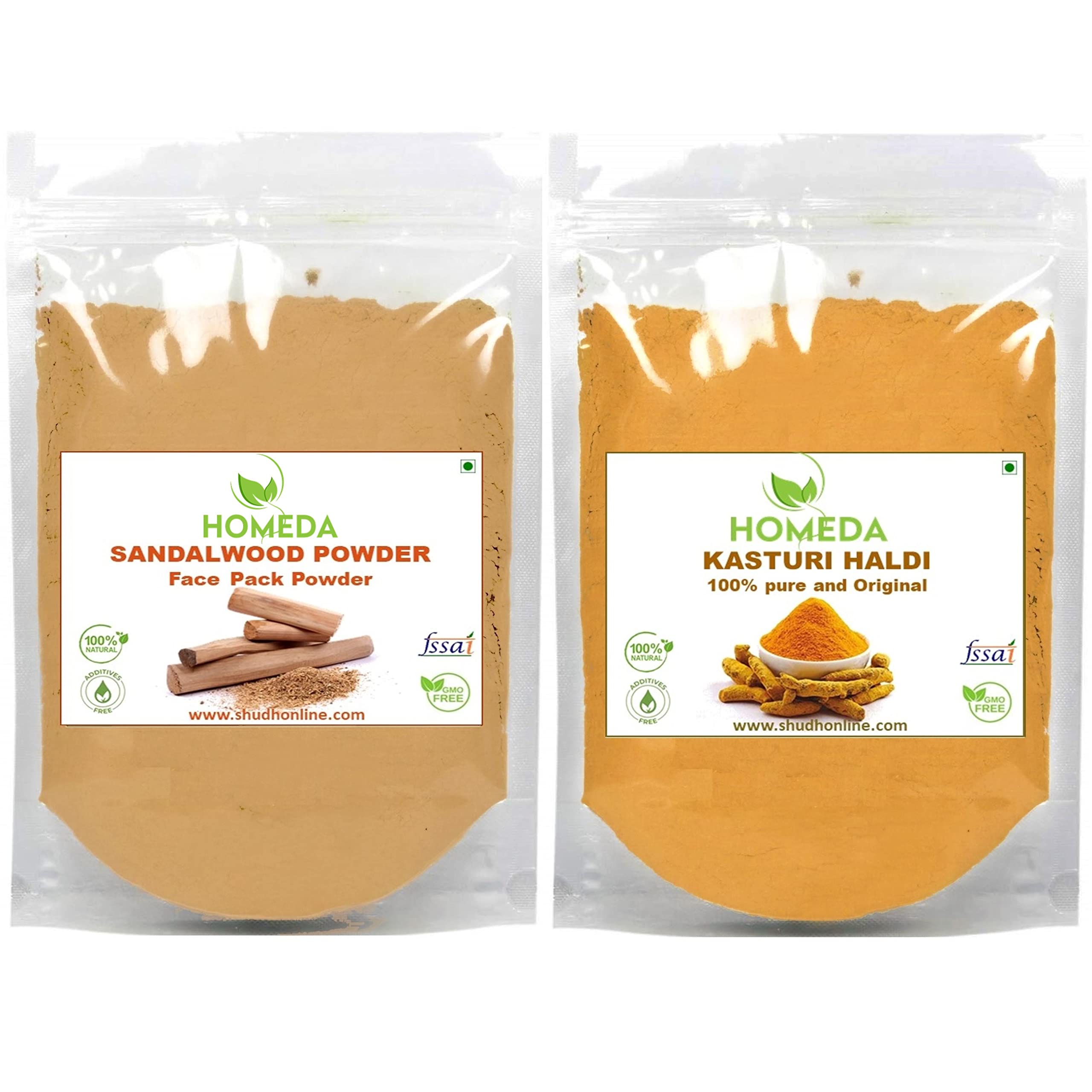 Homeda Pure Sandalwood and Kasturi Haldi Powder (500 grams each, 1 Kg) for Face Pack, Skin - Wild Turmeric, Kasturi Manjal, Amba Haldi, Chandan Original, Sandlewood, Chandanam