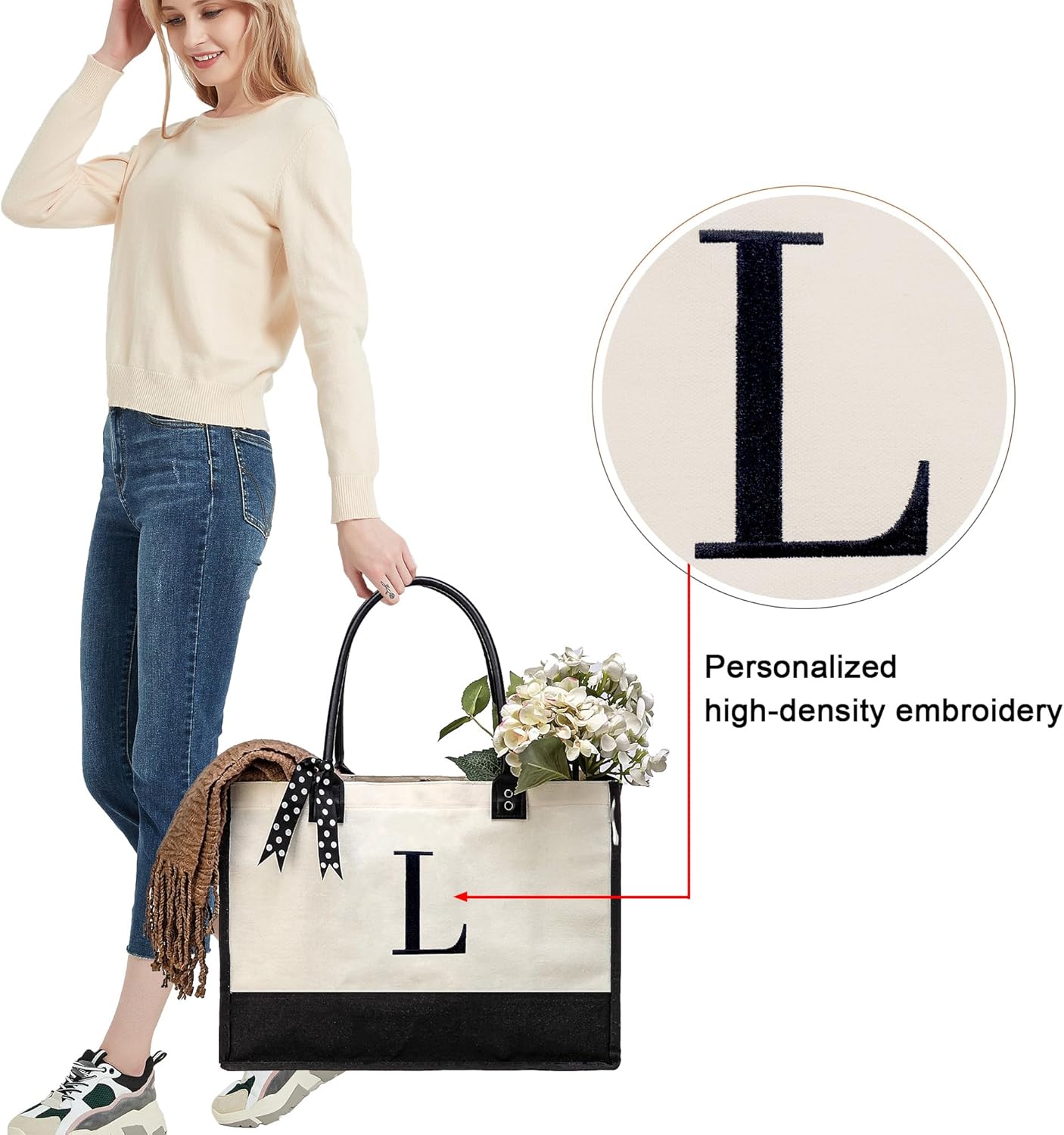 BeeGreen Christmas Gifts Initial Canvas Tote Bags, Personalized Birthday Gift for Women Mom Gift Embroidery Monogram Bags White Cotton with Leather Handle Organized Inner Pocket L - Image 3