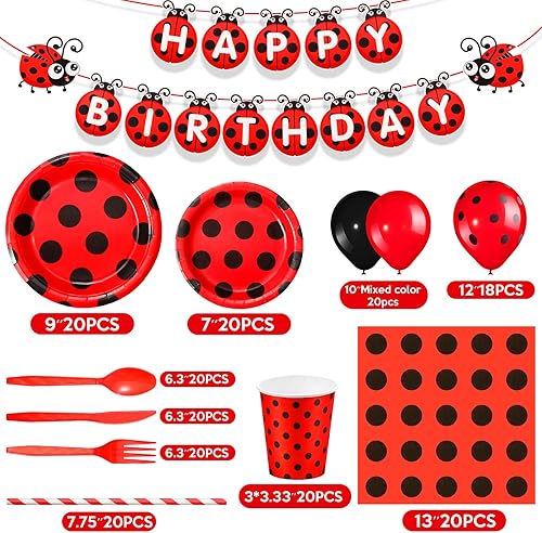 Miniatura 2 de Sumind 200 piezas de decoraciones de fiesta de cumpleaños de mariquitas, suministros para fiesta temática de mariquitas, globos, vajilla, pancarta