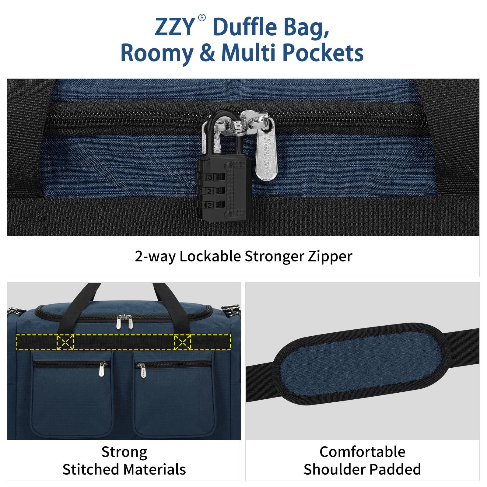 ZZY Sac de Sport 55L Grand pour Homme – Sac de Week-End Imperméable avec 2 Poches Latérales pour Fitness, Salle de Sport, Sauna, Voyages & Nuitées (Bleu Marine)