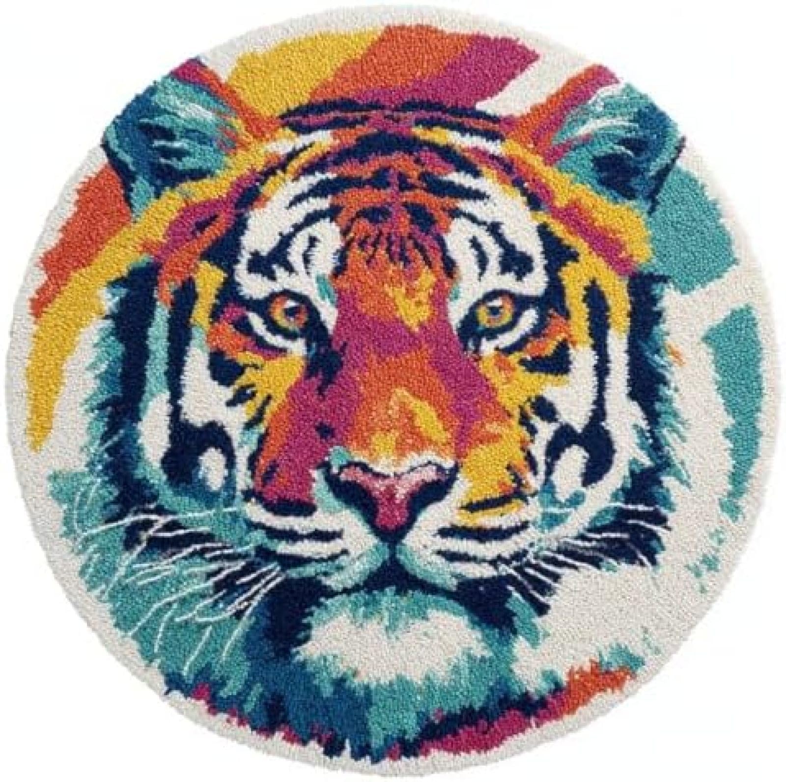 XDEGHUANGSS Latch Hook Rug Kit Tiger and Rainbow Background Round Rug 52x52cm
