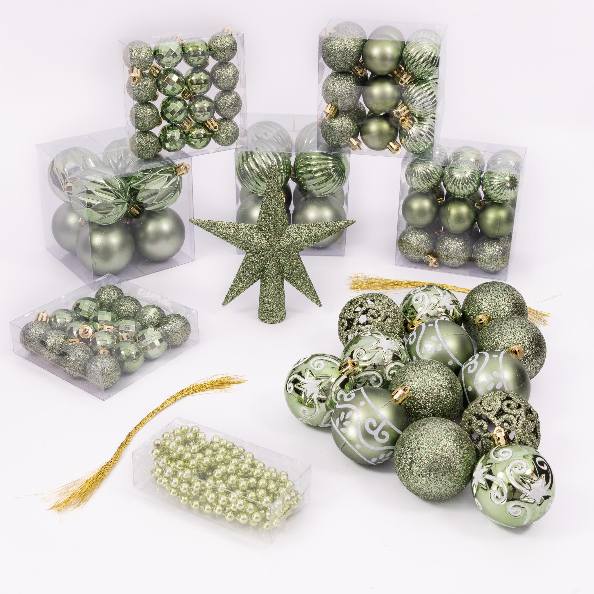 Lot de 100 décorations pour sapin de Noël - Boules, étoile et guirlande de perles - Paillettes, mates et métalliques