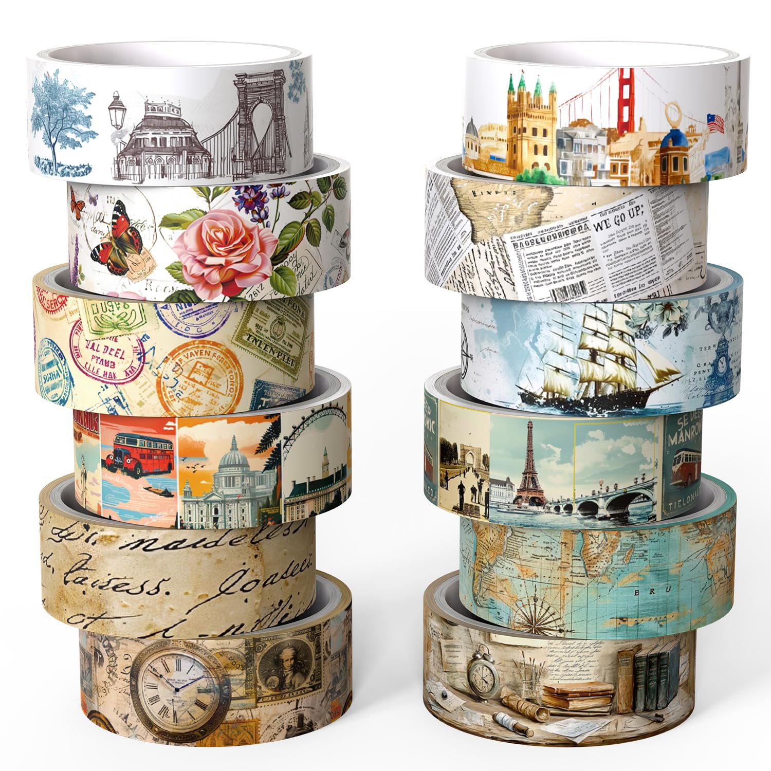 NIKOMIE Vintage Washi Tape Set,12 Rolls Holiday Travel Aesthetic Decorative Tape Retro Poster Map Stamp Clocks Architecture Masking Washi Tape for