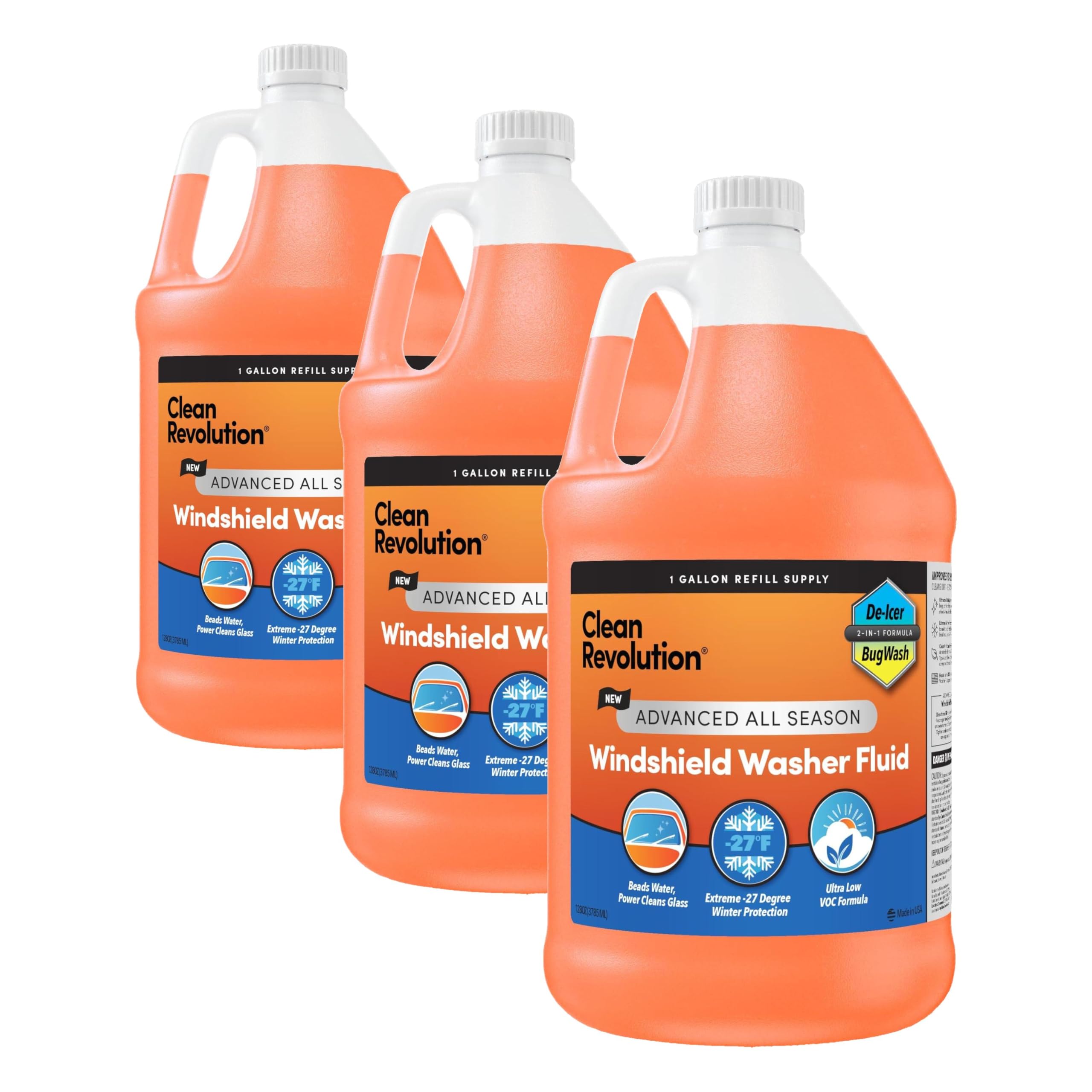 Clean Revolution Advanced All Season Windshield Washer Fluid Ultra Low VOC Formula - Extreme -27°F Winter Protection - Made in USA (Pack of 3)