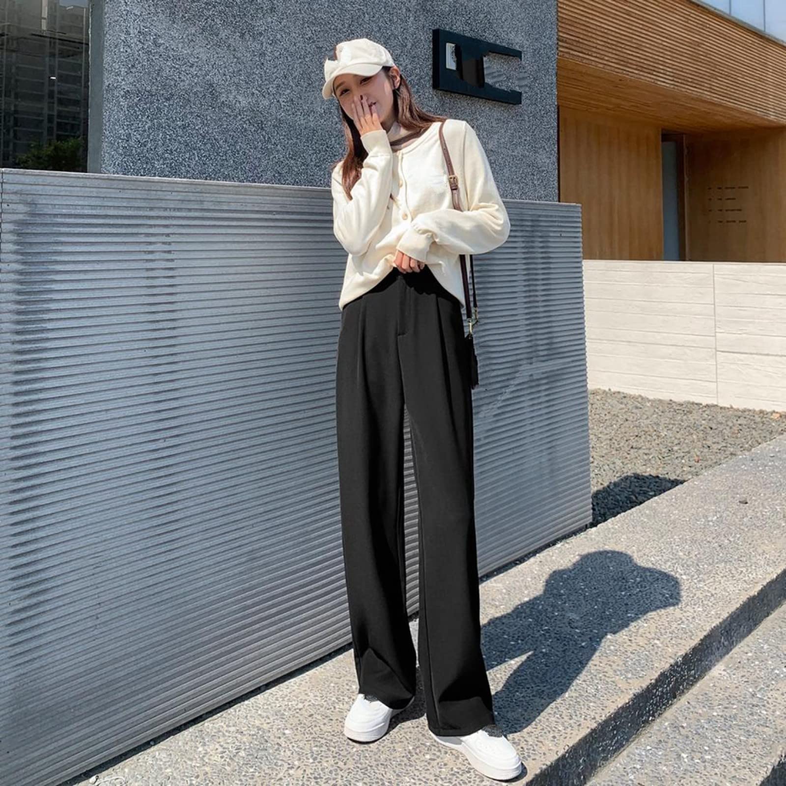 Pantaloni Larghi Da Donna - Moda Autunno Signore Pantaloni Tuta Primavera Elegante Ufficio Signore Pantaloni Neri A Vita Alta Allungati Pantaloni Gamba Larga Casual Festa All'Aperto Semplice Retrò