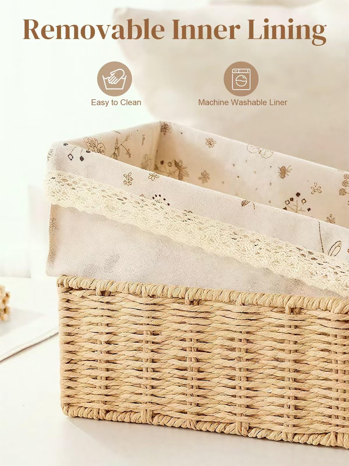 Amaredom Cestini in Vimini Floreali, Set di 3 Cestini Portaoggetti Intrecciati a Mano di Diverse Dimensioni, Perfetti per Organizzare, Riporre e Decorare la Casa - Beige