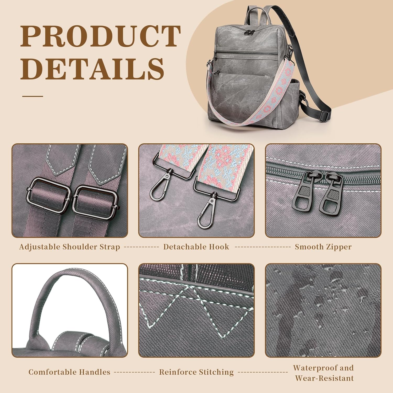 Backpack Purse for Women, PU Leather Backpack Purse, Waterproof Anti-Theft Women Back pack, Fashion Multi-Pocket Travel Backpack Shoulder Bag Handbag With Clutch, Grey - Image 6