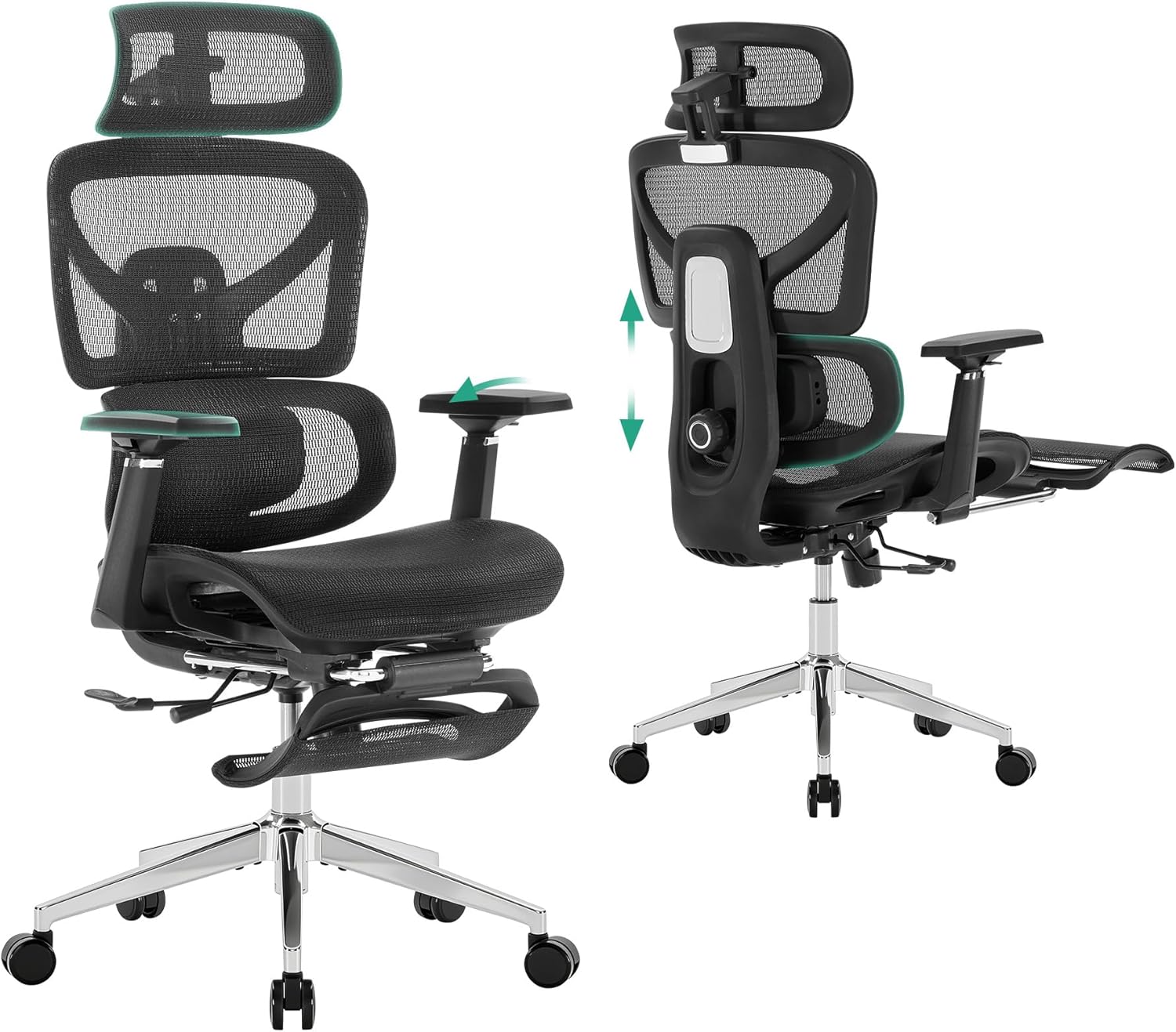 Ergonomic Office Chair with Footrest - 5-Level Adjustable Lumbar Support & 90-135°Recline, 3D Headrest & 4D Armrests, Breathable Mesh Seat Computer Chair for Home Office, Gaming, Black