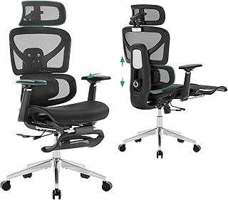 Cozyman Ergonomic Office Chair with Footrest - 5-Level Adjustable Lumbar Support & 90-135°Recline, 3D Headrest & 4D Armrests, Breathable Mesh Seat Computer Chair for Home Office, Gaming, Black