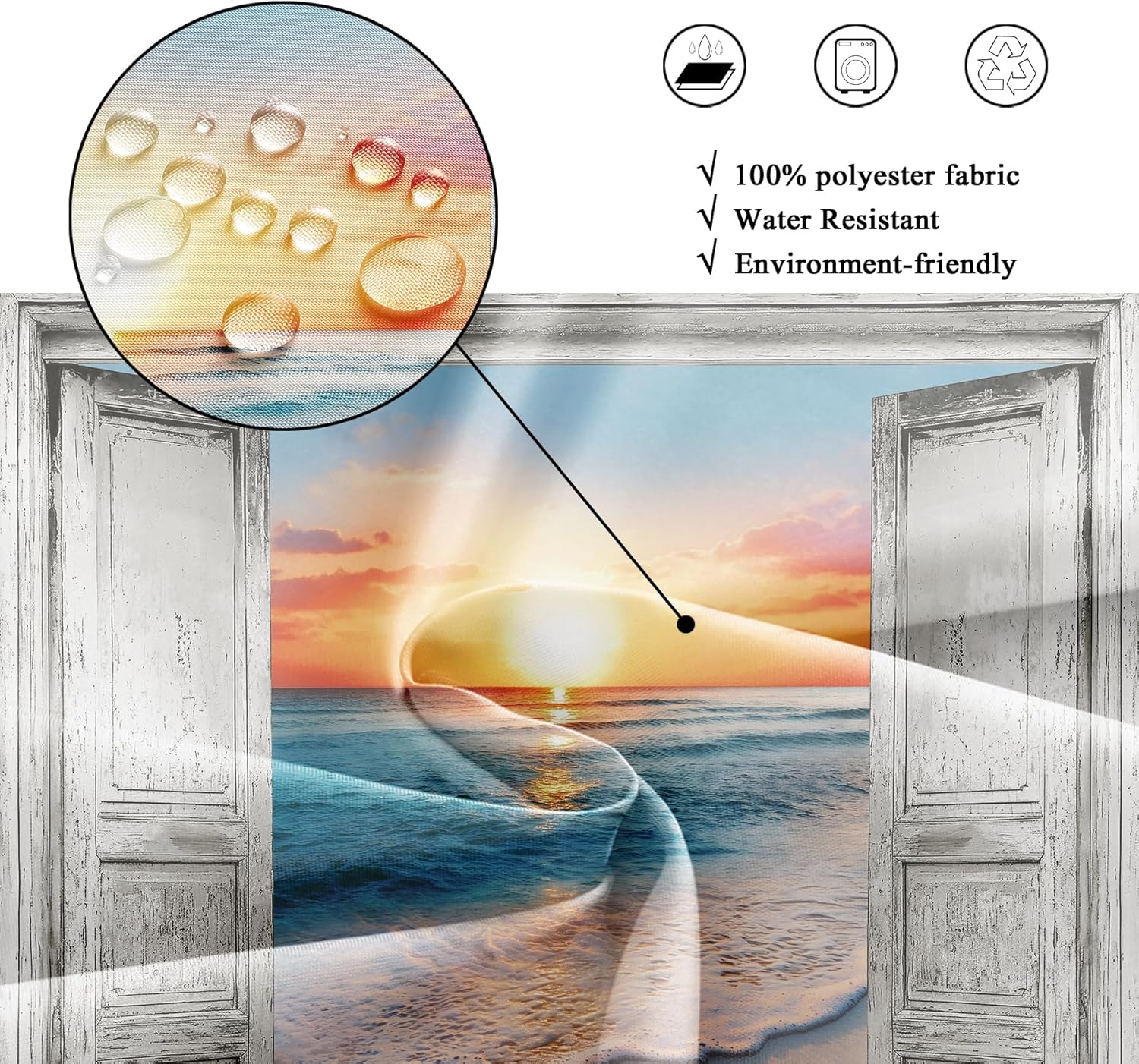 Riyidecor Ocean Beach Grey Barn Door Shower Curtain for Bathroom Decor 72Wx72H Hawaiian Sunset Scenery Sea Wave Retro Wood Rustic Nature Art Printed Fabric Polyester Waterproof 12 Pack Plastic Hooks