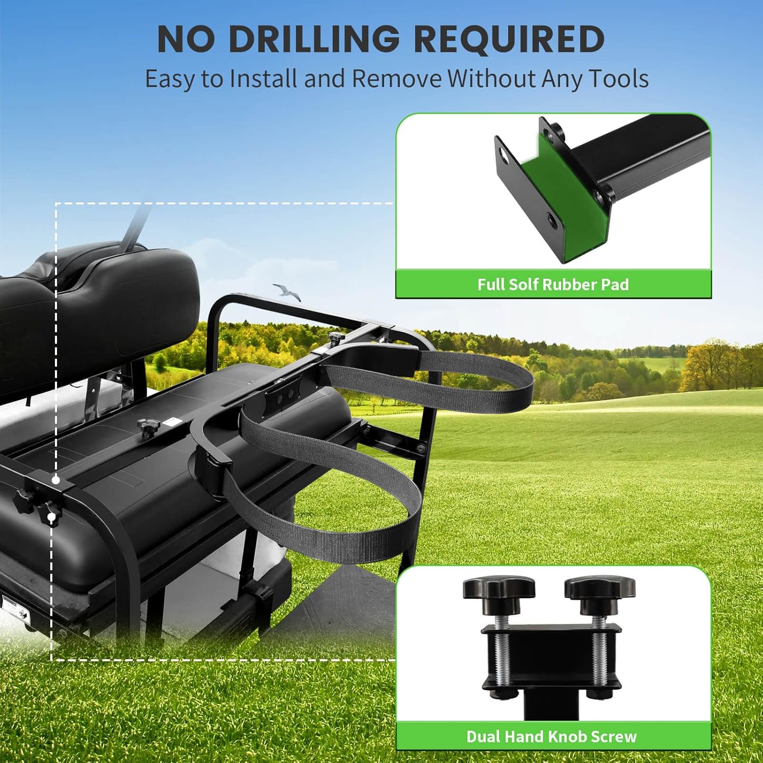 No Drilling Golf Cart Bag Holder Fit for 2+2 Golf Cart Rear Seat with 1 Inch Square Tube, Universal Golf Cart Rear Seat Bag Holder Attachment Adjustable for EZGO Club Car Yamaha Golf Carts