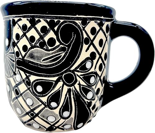Taza de cerámica blanca y negra - Taza de café de cerámica mexicana pintada a mano - Taza Fiesta Talavera - Taza Blanco y Negro