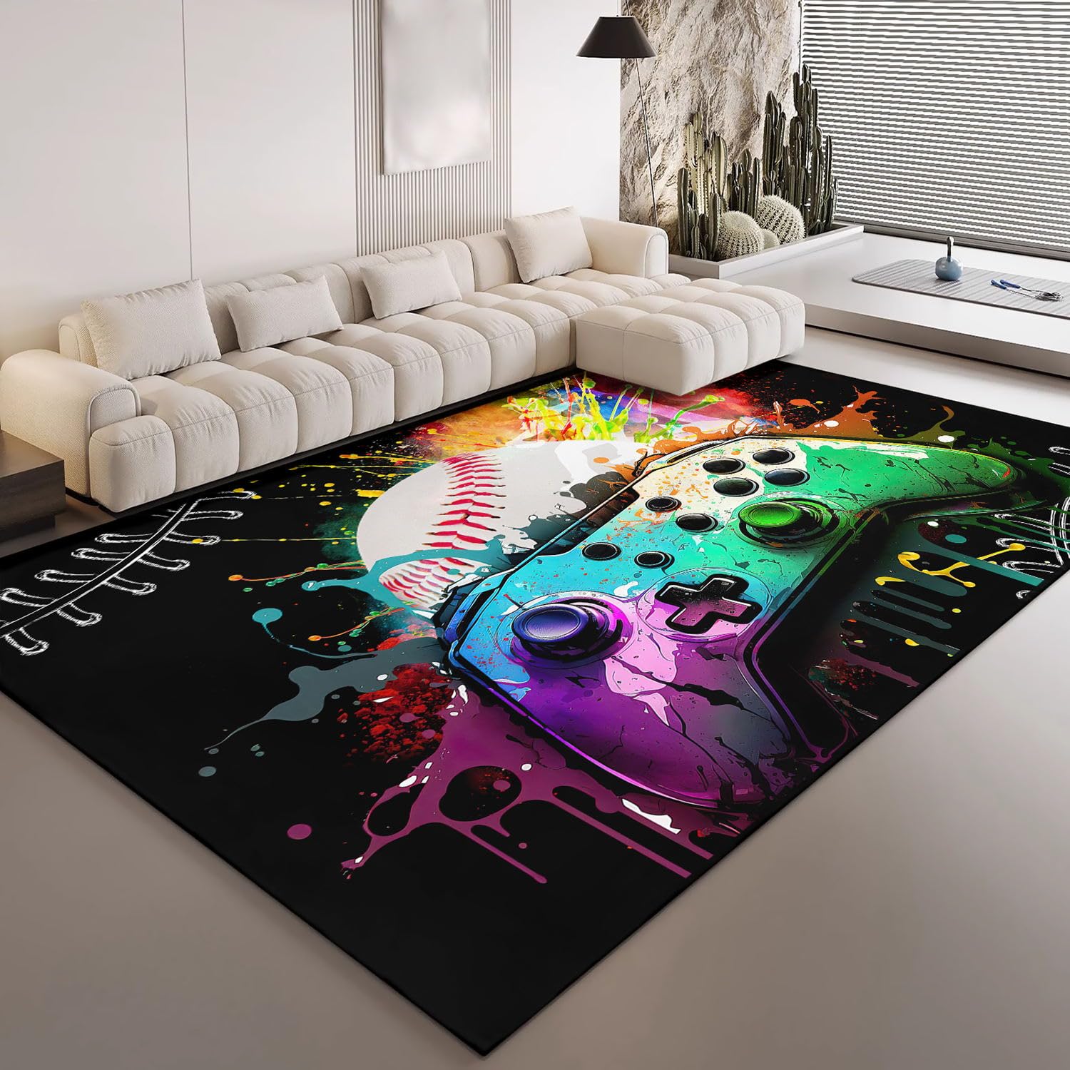 HOSIMA Teppich Mit Graffiti-Spielkonsolen-Aufdruck,Weiche,rutschfeste Unterseite,Kurze Teppiche für Küche,Terrasse,Schlafzimmer,rutschfeste Bodenmatte,Kurzflorige,Flauschige Matte(120 * 160)