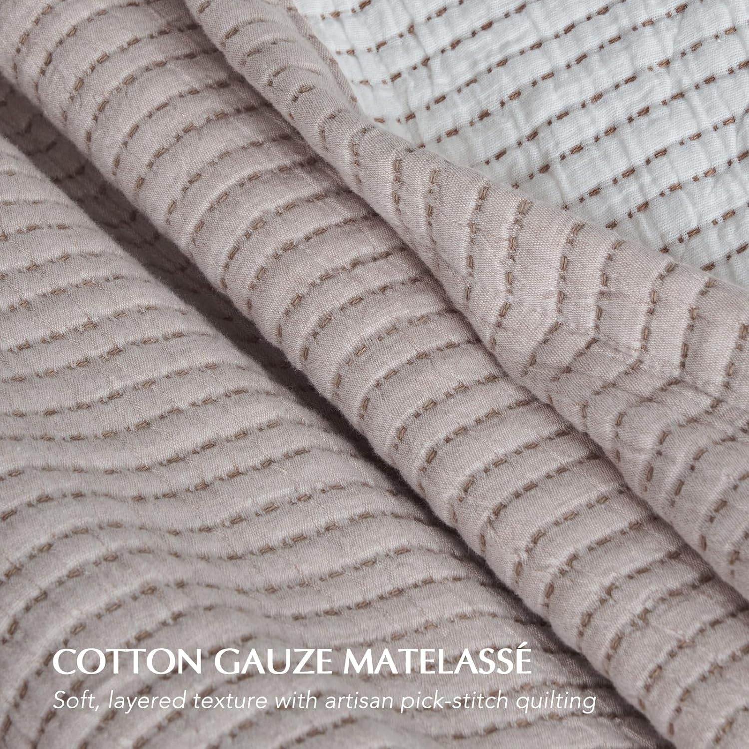 EVERGRACEHOME Cotton Gauze Full Queen Bedspread, Ultra Soft Prewashed Pick Stitch Matelassé Coverlet, Lightweight Textured Oversized Queen Quilt Bedding Set for All Season, with 2 Shams, Rosette Beige - Image 3
