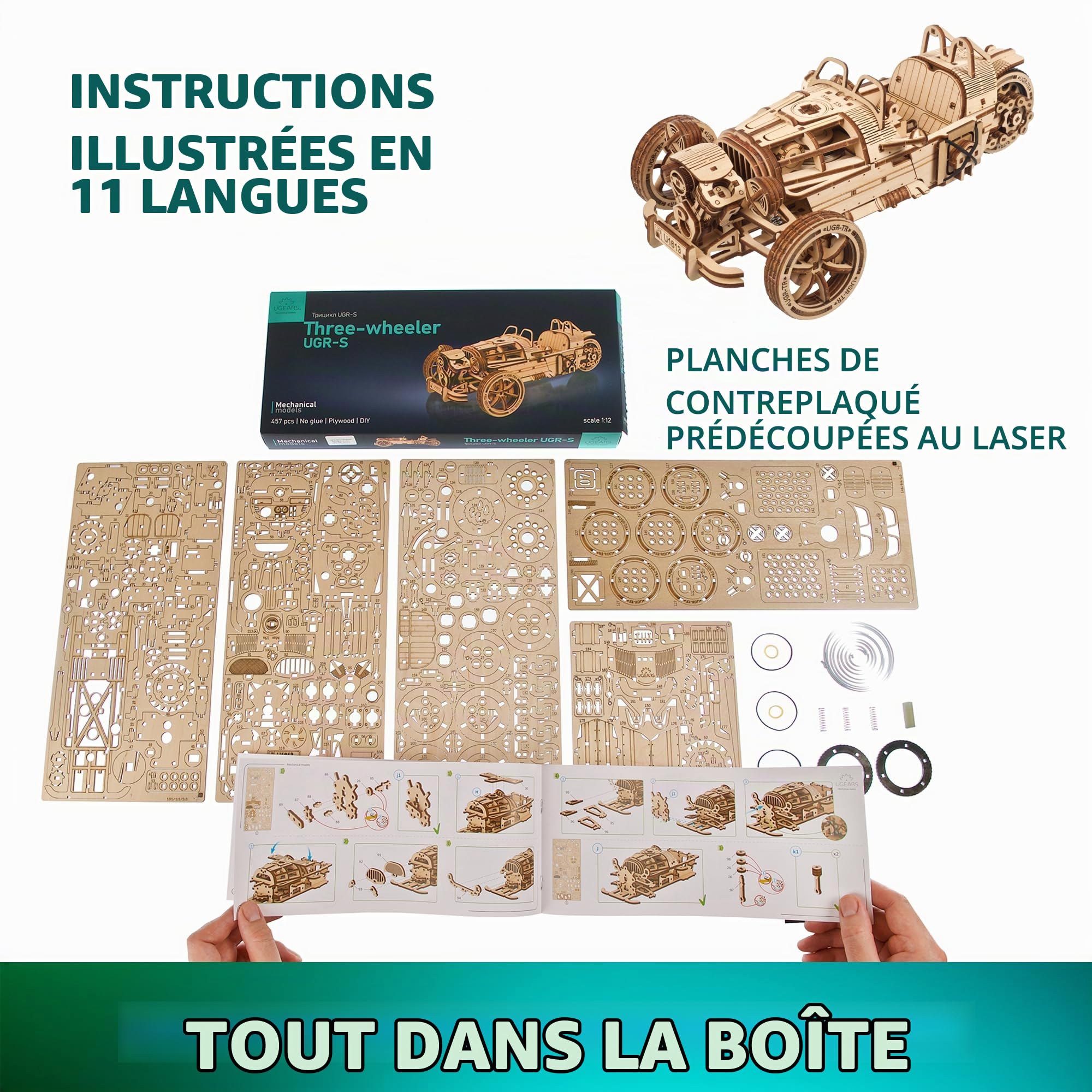 UGEARS UGR-S à Trois Roues Maquette en Bois à Construire Moto - Mécanique Puzzle 3D en Bois - Maquette Voiture a Monter avec Direction et Moteur Fonctionnels - DIY pour Les Fans de Casse-Tête