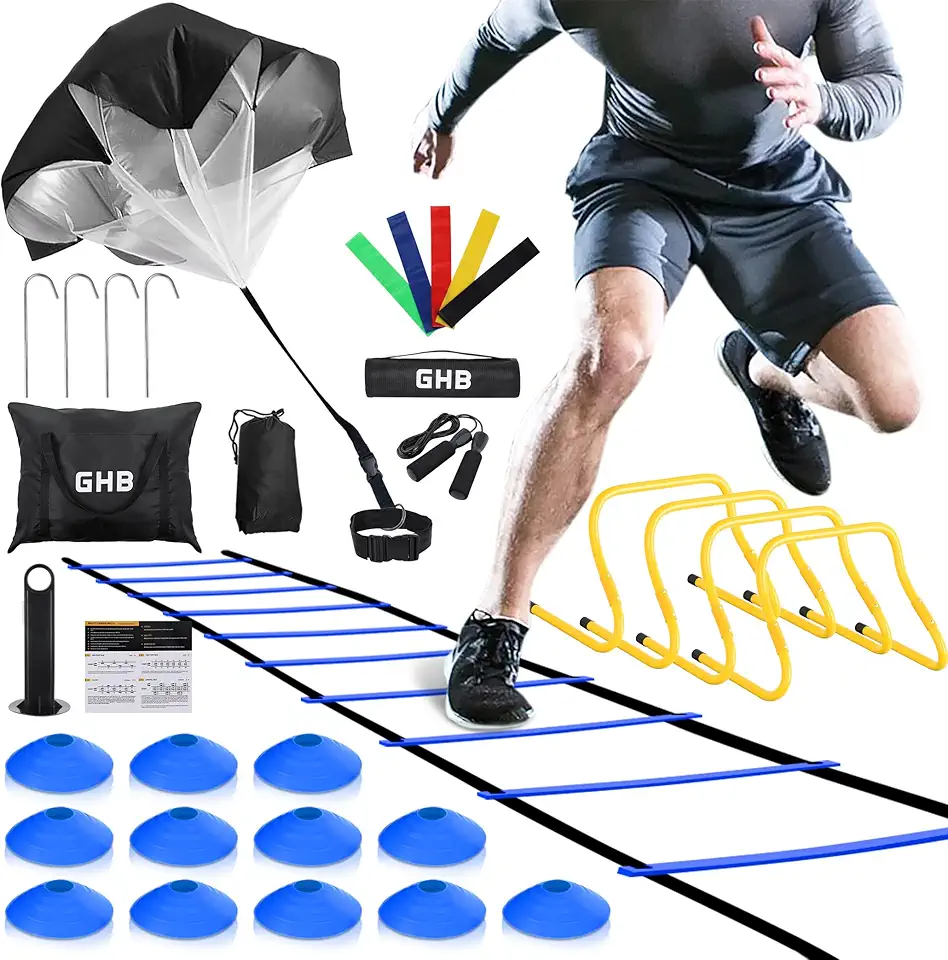 GHB Agility Ladder,Football Training Equipment Set,4 Agility Hurdles, 20 feet12 Rungs Speed Ladder,12 Disc Cones,Resistance Parachute, Jump Rope, 5 Resistance Bands product image