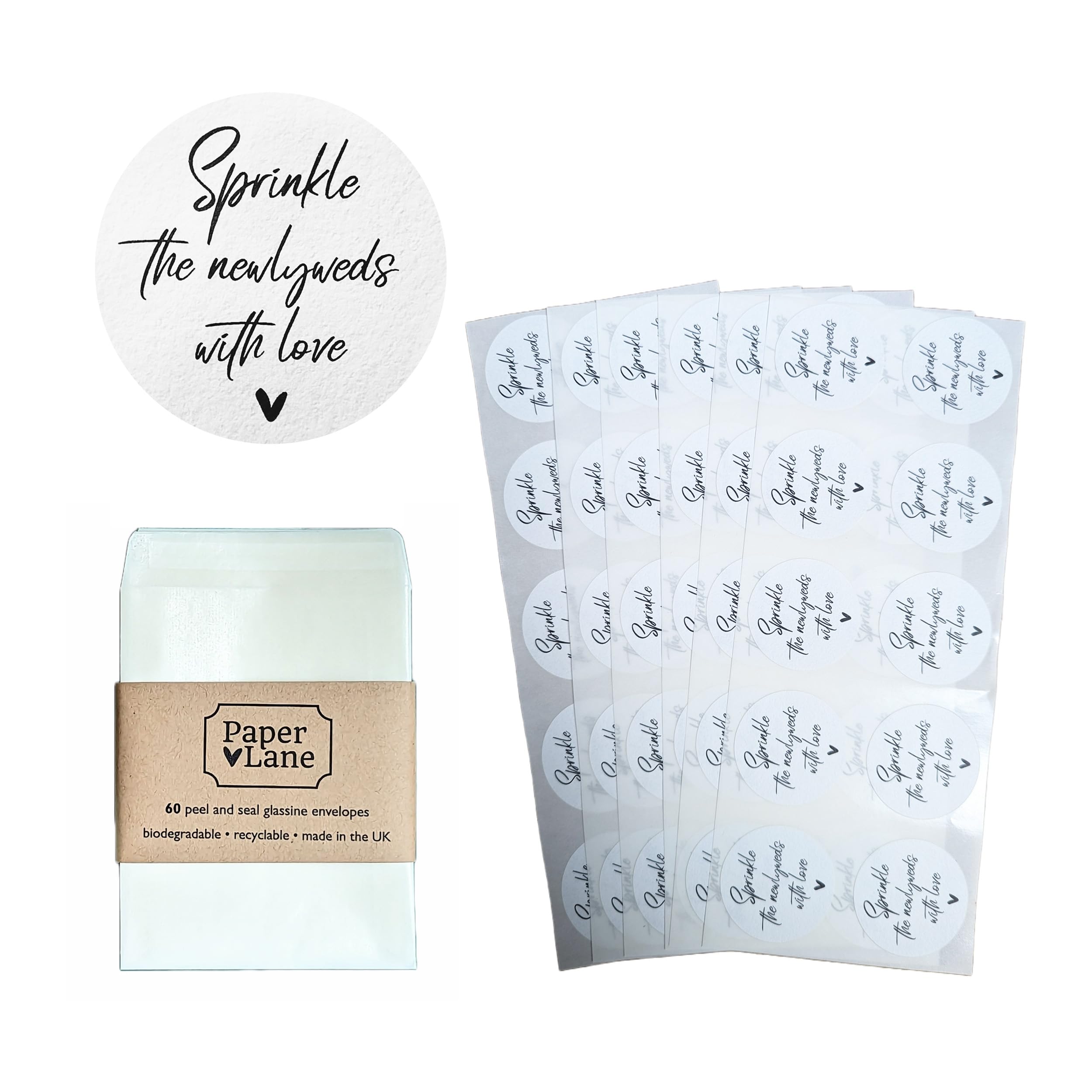 PaperLane Confetti Bags & Stickers Kit | 60 Peel & Seal Glassine Paper Envelopes 89mm x 117mm plus 60 Round 37mm Confetti Stickers (Sprinkle The Newlyweds With Love)