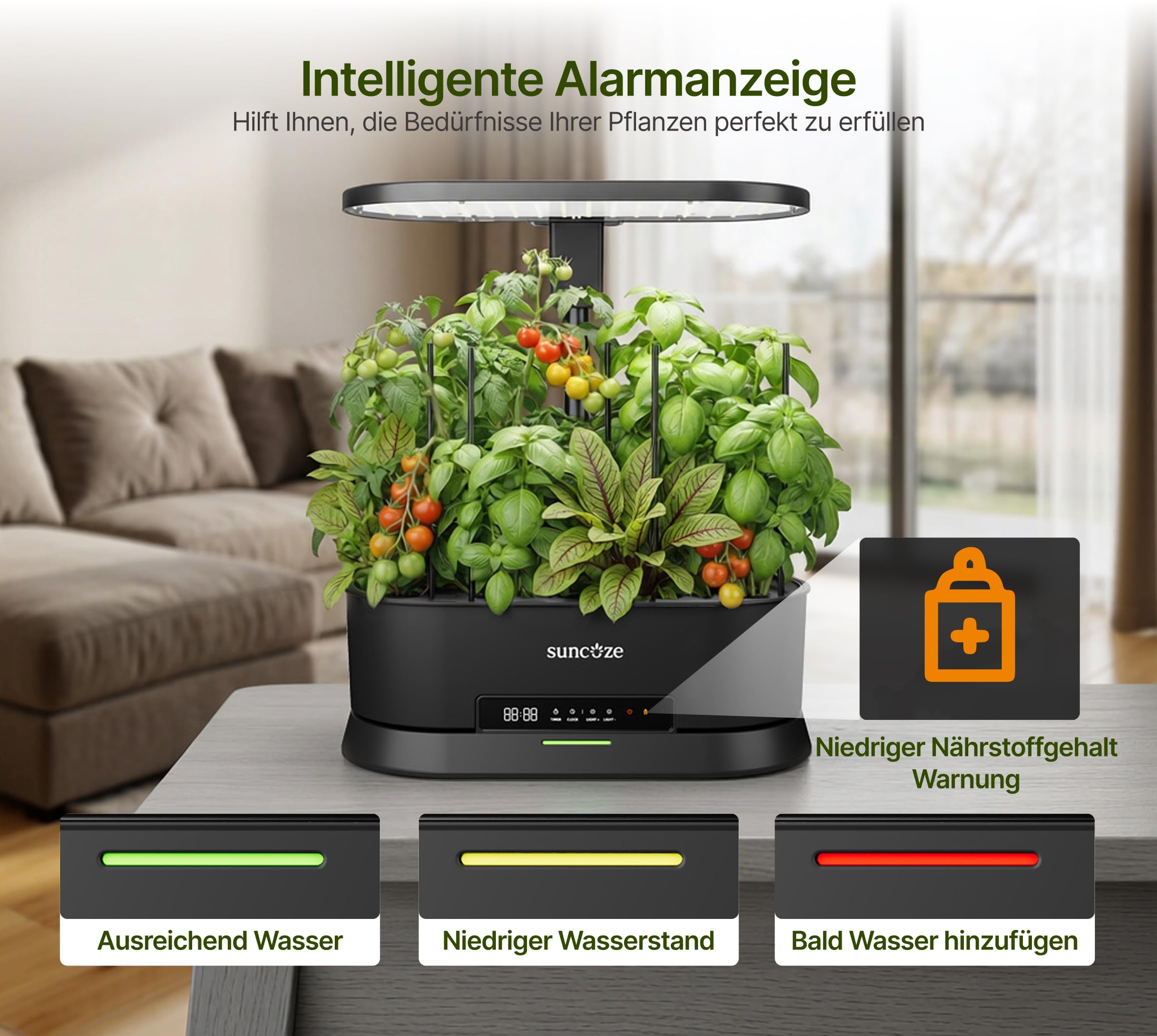 SUNCOZE Abnehmbarer Hydroponisches Anzuchtsystem mit 12 Hülsen, Schwarz | Indoor Kräutergarten mit 36W LED Pflanzenlampe, 5L Wassertank, Höhenverstellbar bis 550 mm, Hydroponik System mit Timer
