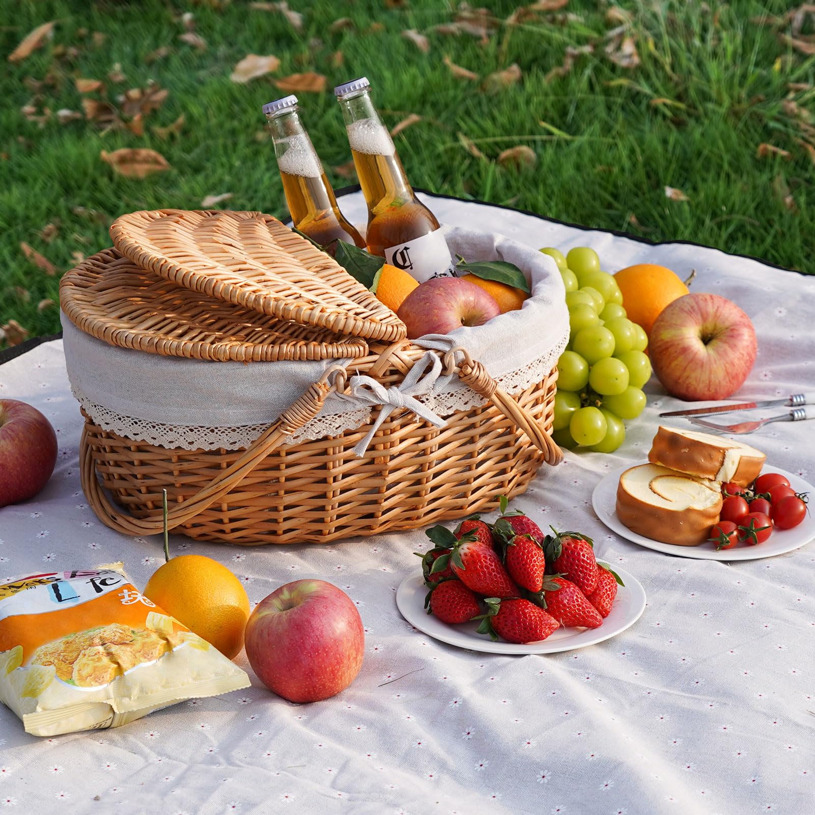 Happypicnic Cesta de picnic de mimbre con asa, cesta de picnic vacía grande de 15 pulgadas con tapa y forro extraíble, cesta vintage tejida a mano para picnics, camping, recogida de verduras, día de