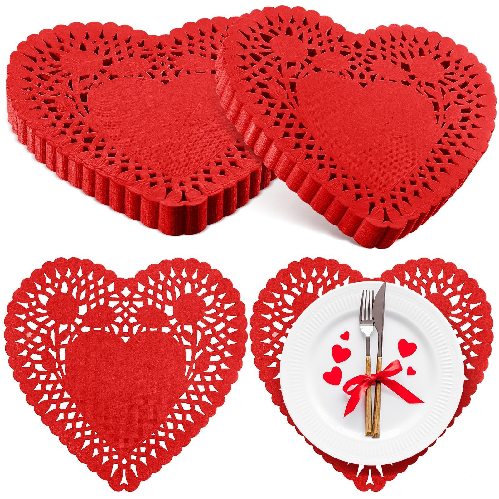 Azonee Pack of 200 8 Inch Heart Shaped Doilies Lace Trimmed Heart Paper Doilies Red Disposable Heart Doilies for Birthday Wedding Cakes Desserts Tableware Food Decoration
