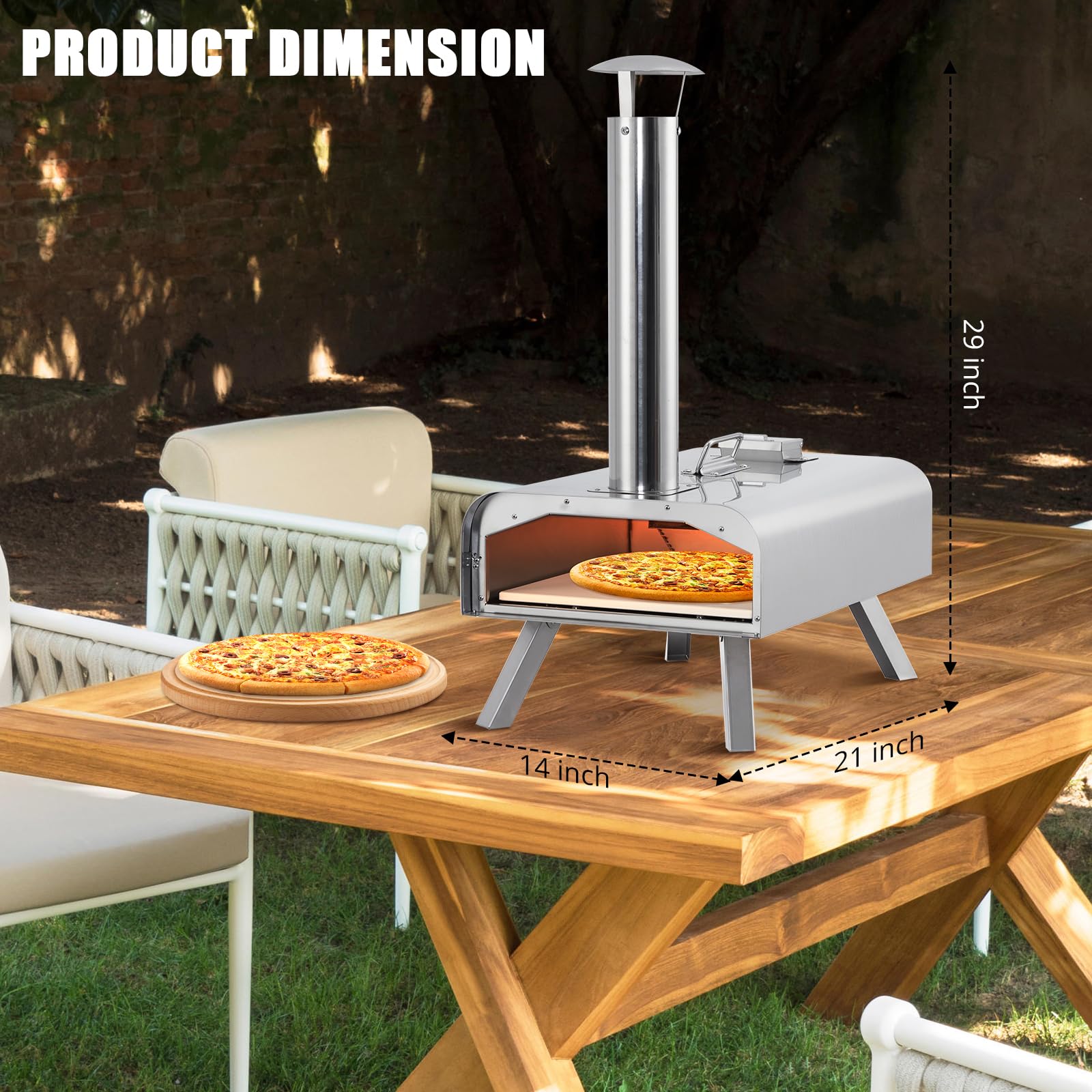Garvee Four à pizza portable 12" à granulés de bois multifuel – Acier inox argent, poignée supérieure – Pierre à pizza 12" – Pelle, sac de transport – Pieds pliables – Couleur : inox argent, jambes
