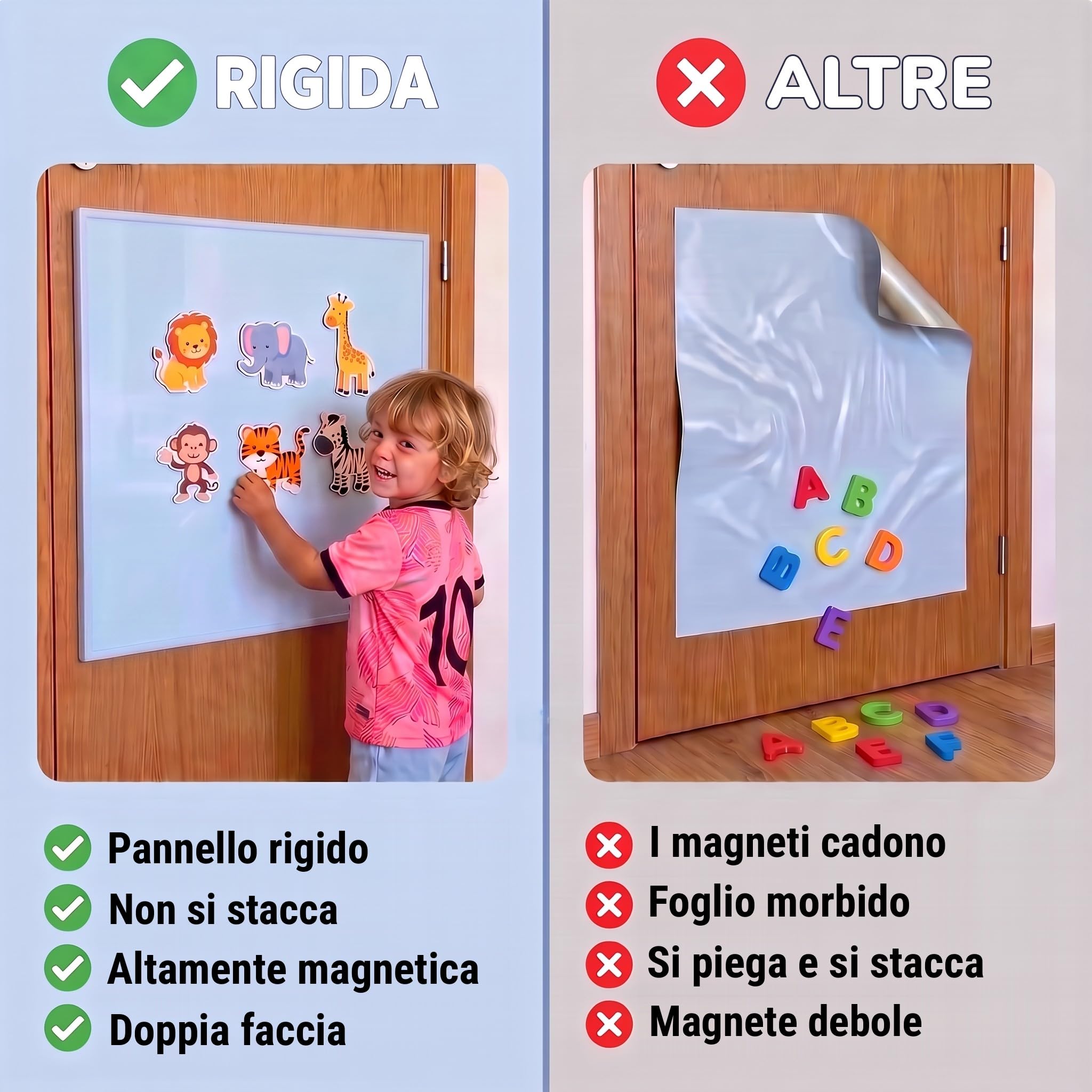 Lavagna Magnetica da Parete per Calamite Grande 58,5 x 58,5 cm, Doppia Faccia Bianca e Azzurra, Lavagna Cancellabile Adesiva senza Cornice né Fori, Bacheca per Frigo, Cucina, Casa, Bambini e Ufficio