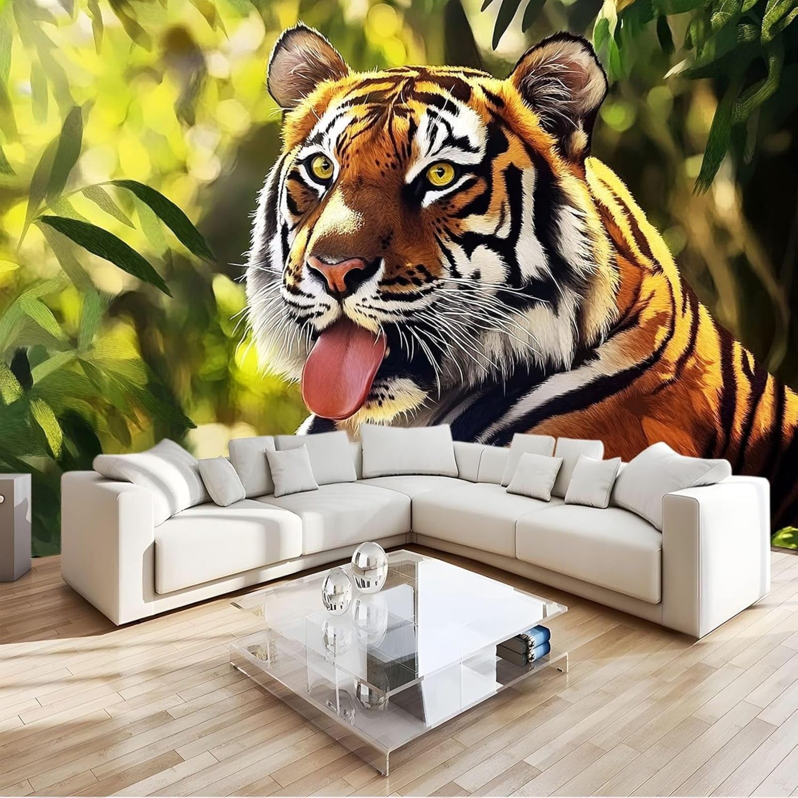 hgjdjhnf Non-Woven Photo Wallpaper, Animal Print, Tiger Design, wall Mural, wall Decoration, Living Room, Bedroom, Apartment, wall Art, Green, 400cm x 280cm