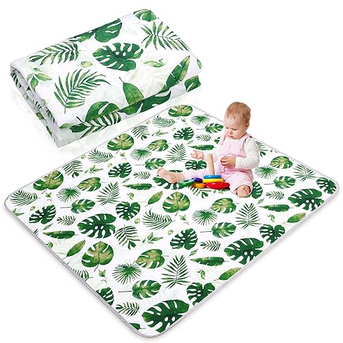 Tapete de juego plegable de 43 x 43 pulgadas, diseño de hojas tropicales, para niños pequeños, reversible, lavable, actividad, impermeable,