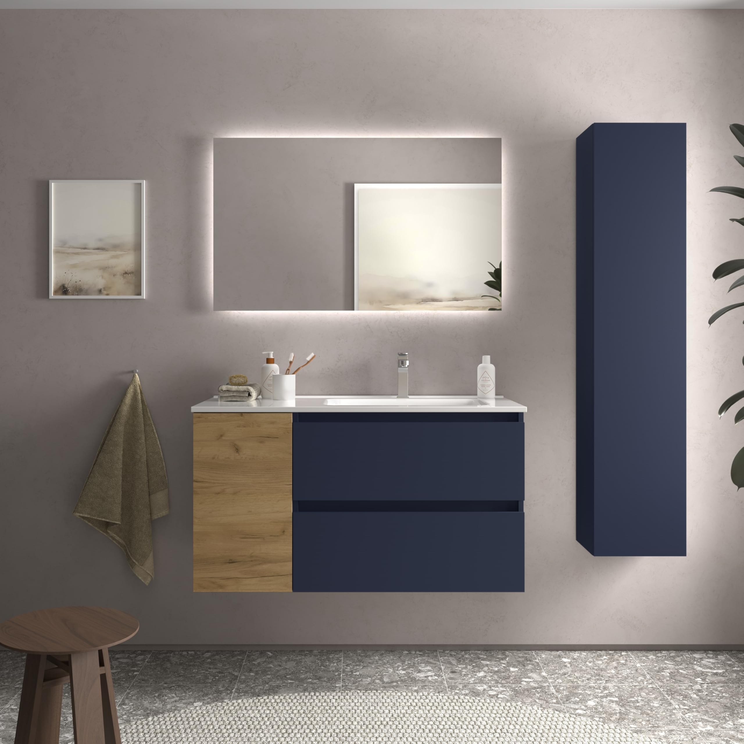 Salgar Mueble de Baño Bequia 100cm + Coqueta 1 Puerta Izquierda + Lavabo cerámica | Azul Mate/Roble |100x45x56