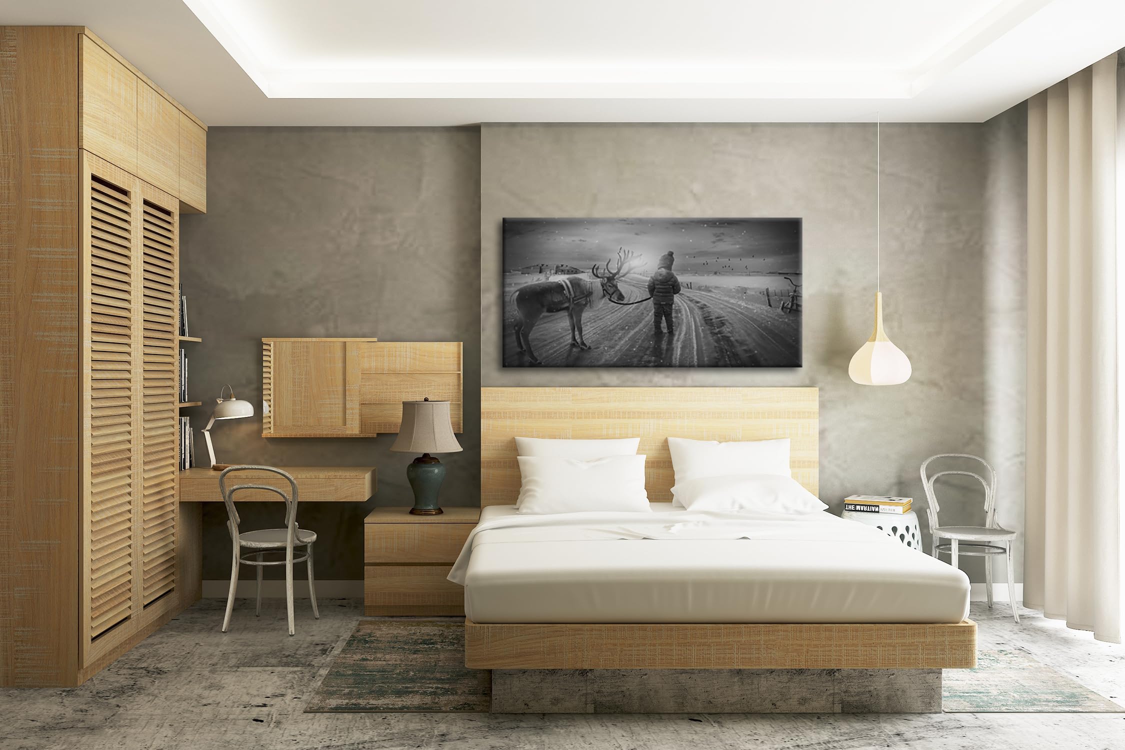 Viaje de invierno con un reno panorámico, 100 x 50 cm, efecto: negro/blanco como lienzo, diseño enmarcado sobre marco de madera auténtica, impresión digital de alta calidad con marco
