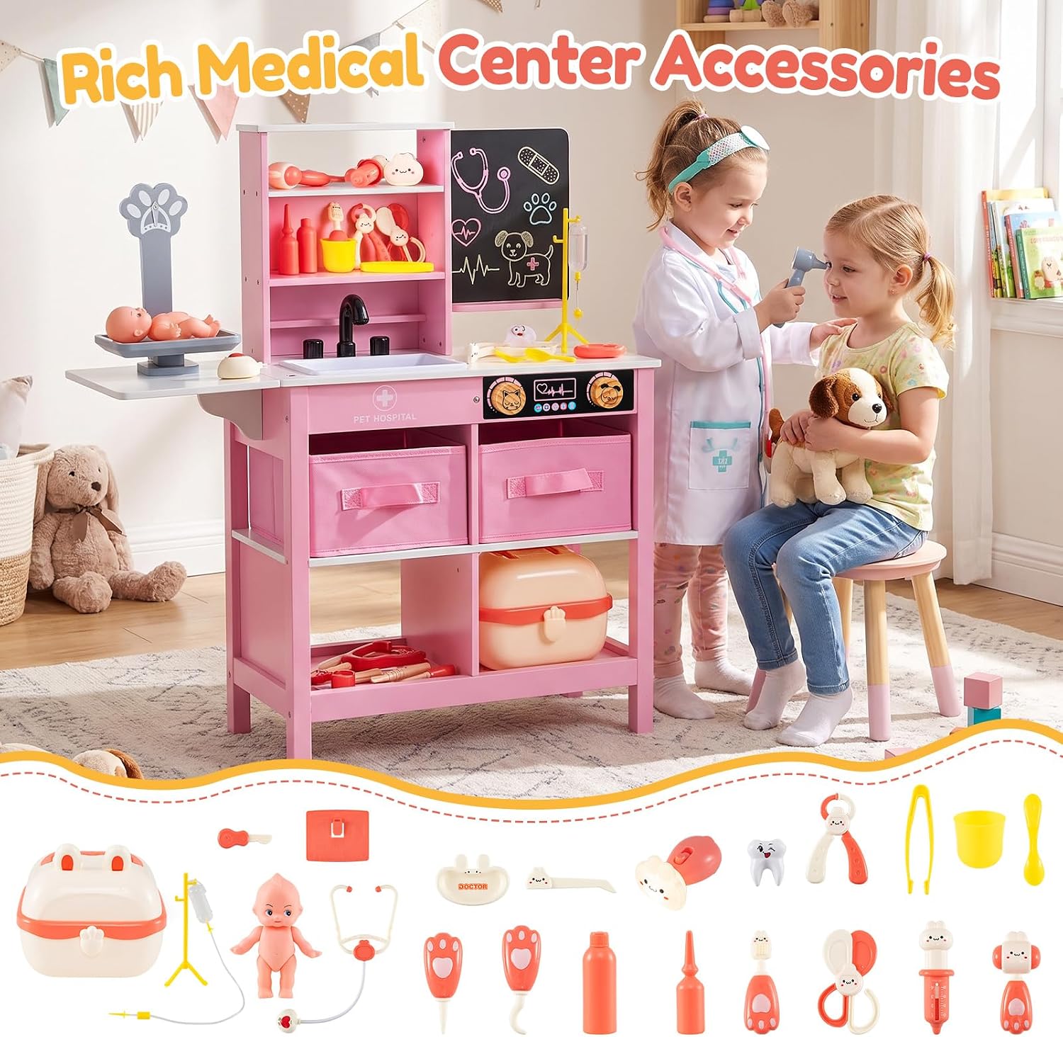 HONEY JOY Kids Wooden Doctor Play Set, 2 In 1 Checkup Medical Office Center & Vet Clinic Station, Chalkboard, Pet Scale & Medical Kit, X-Ray, Toddler Pretend Hospital Playset Kit for Boys Girls (Pink)