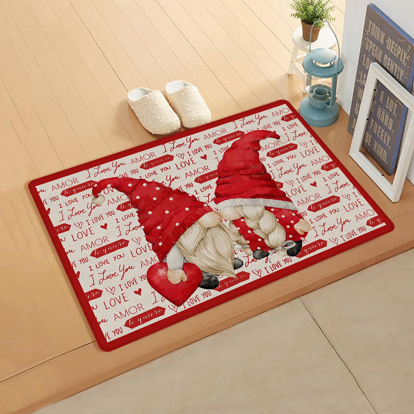 Jolunifun Retro Valentine's Gnomes Kitchen Bath Door Mat Cushioned Runner Rug,Washable Welcome Floor Sink Antifatigue Mat,Waterproof & Non-Slip Comfort Standing Doormat,Romantic Love Word Red 18
