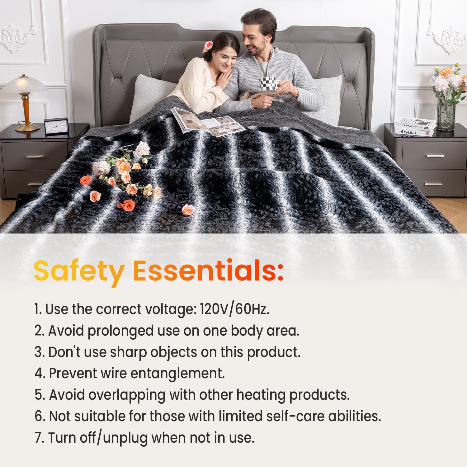WOOMER Heated Blanket Queen Size 84" x 90", Electric Blanket with Dual Controls, 0.5-12 Hours Timer & 10 Heating Levels, ETL Certified, Black Grey Flowers Patterns Faux Fur & Sherpa, Machine Washable - Image 8